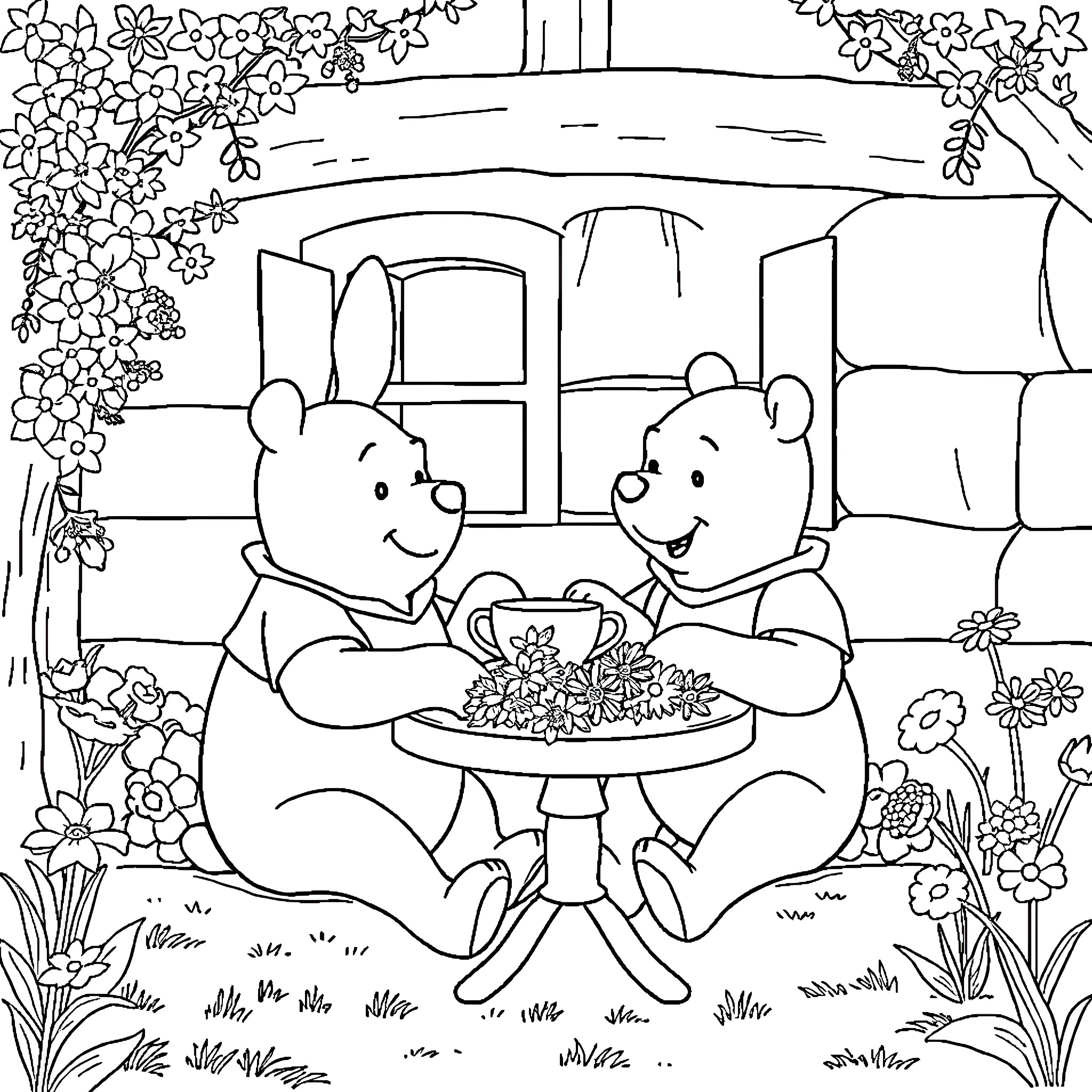 Winnie The Pooh and Friends Enjoying a Picnic Outdoors Coloring Page (free black-and-white line drawing printable PDF for all, from beginners to advanced learners, including children, teens, adults, and seniors)