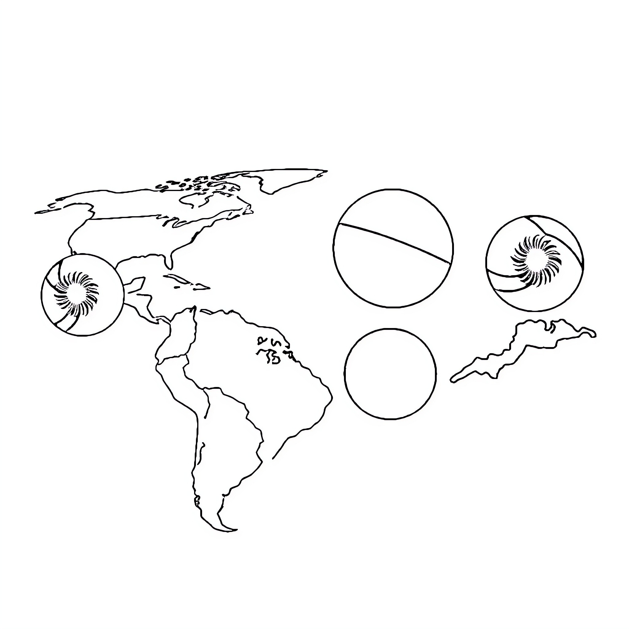 Countryball map with nautilus shell symbols Coloring Page (free black-and-white line drawing printable PDF for all, from beginners to advanced learners, including children, teens, adults, and seniors)