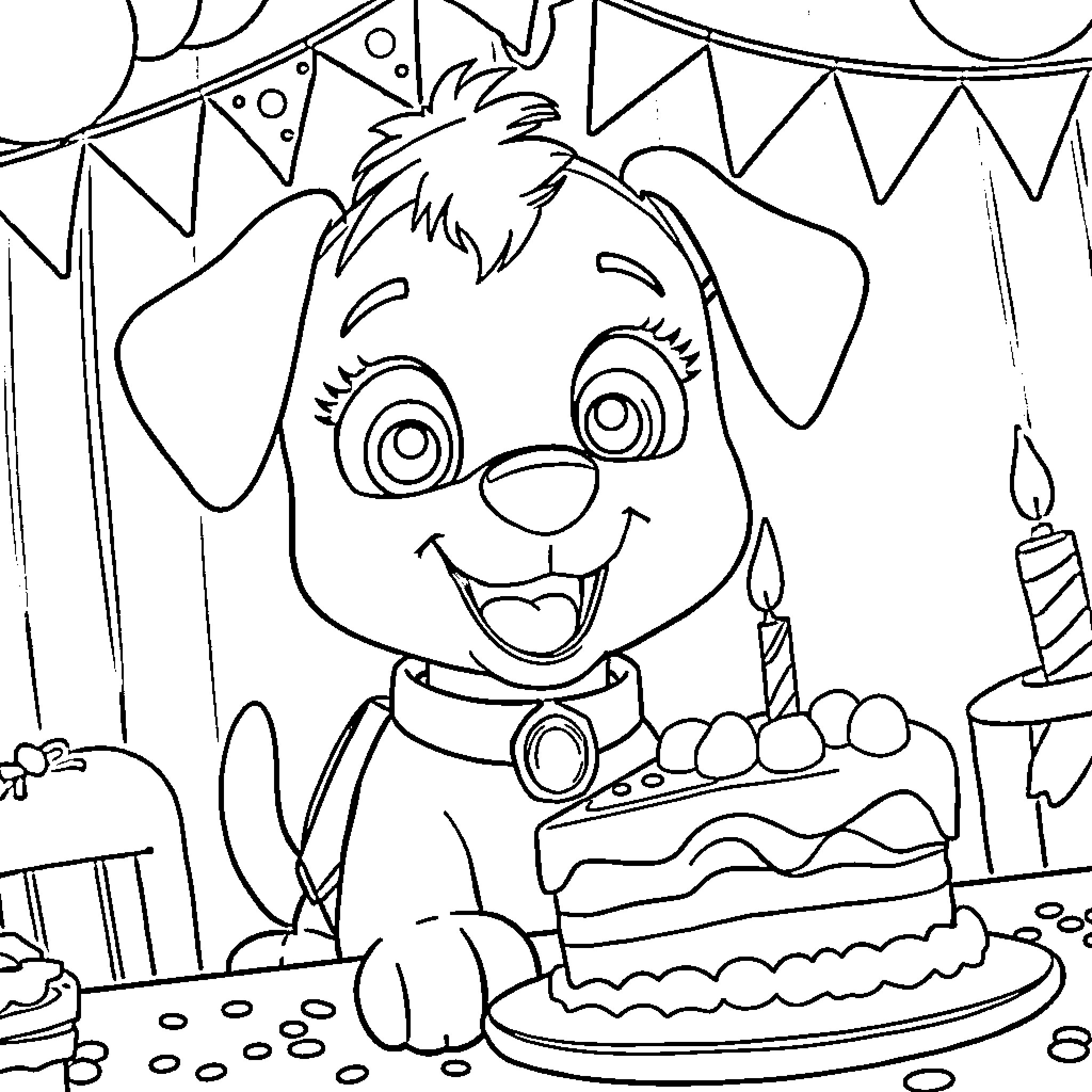 Skye's Birthday Celebration Coloring Page (free black-and-white line drawing printable PDF for all, from beginners to advanced learners, including children, teens, adults, and seniors)