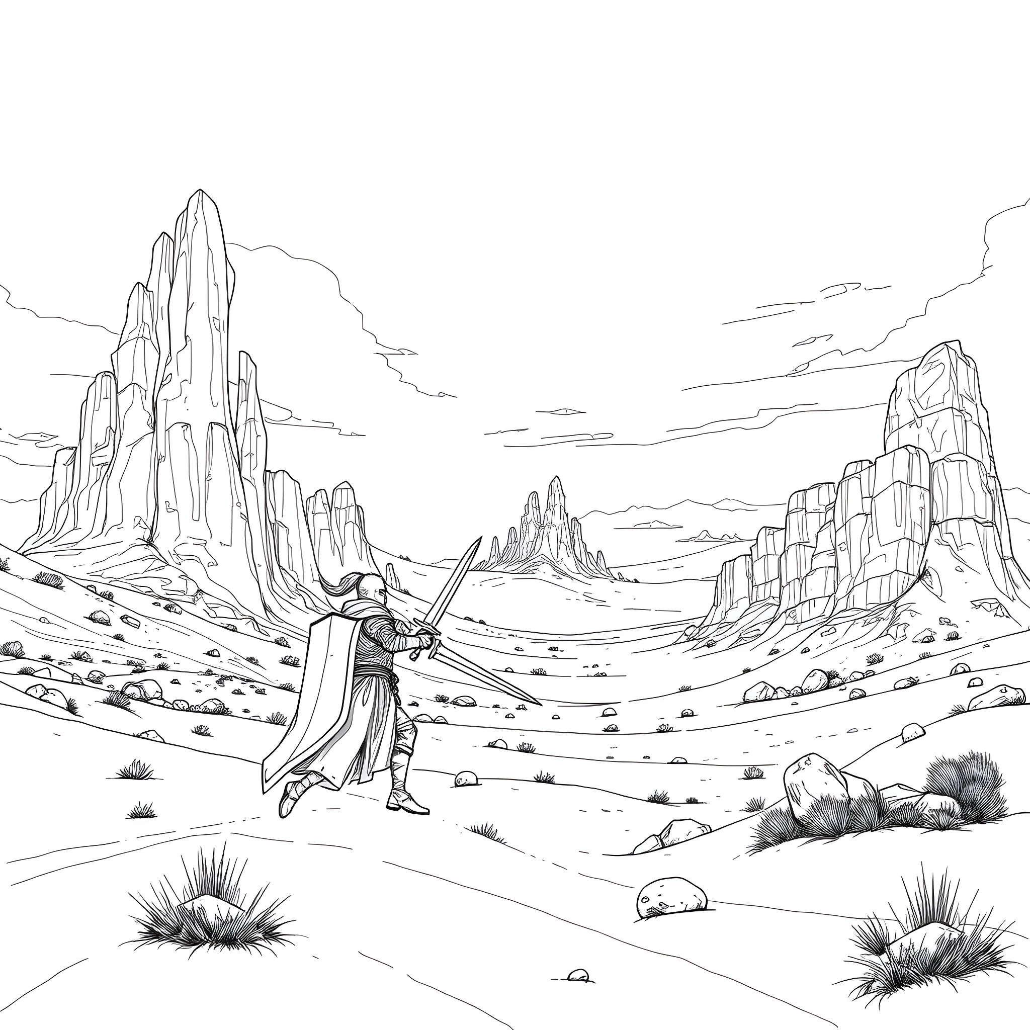 Knight Journeying Through Vast Desert Landscape Coloring Page (free black-and-white line drawing printable PDF for all, from beginners to advanced learners, including children, teens, adults, and seniors)