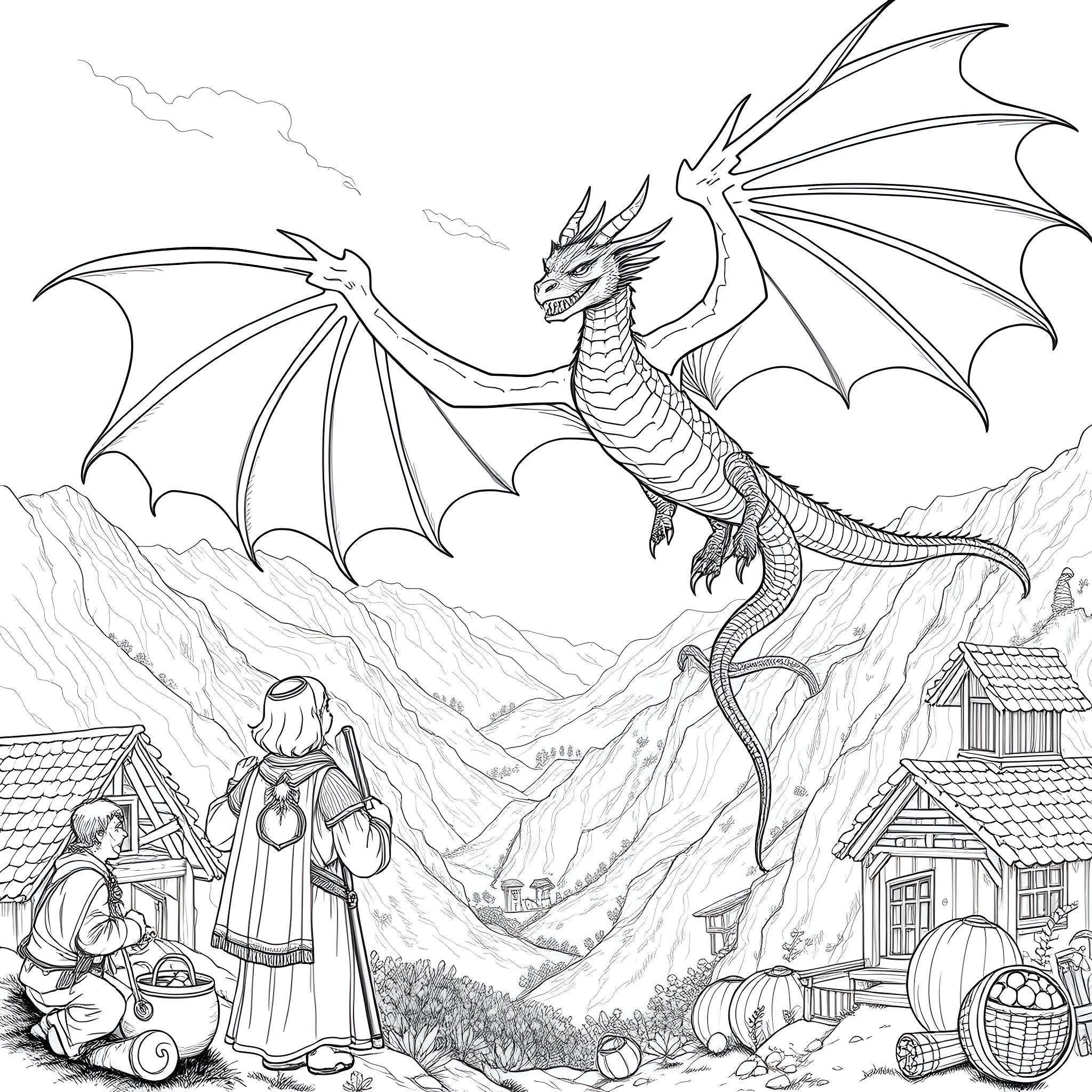 Dragon Soaring Over Quaint Countryside Village Coloring Page (free black-and-white line drawing printable PDF for all, from beginners to advanced learners, including children, teens, adults, and seniors)