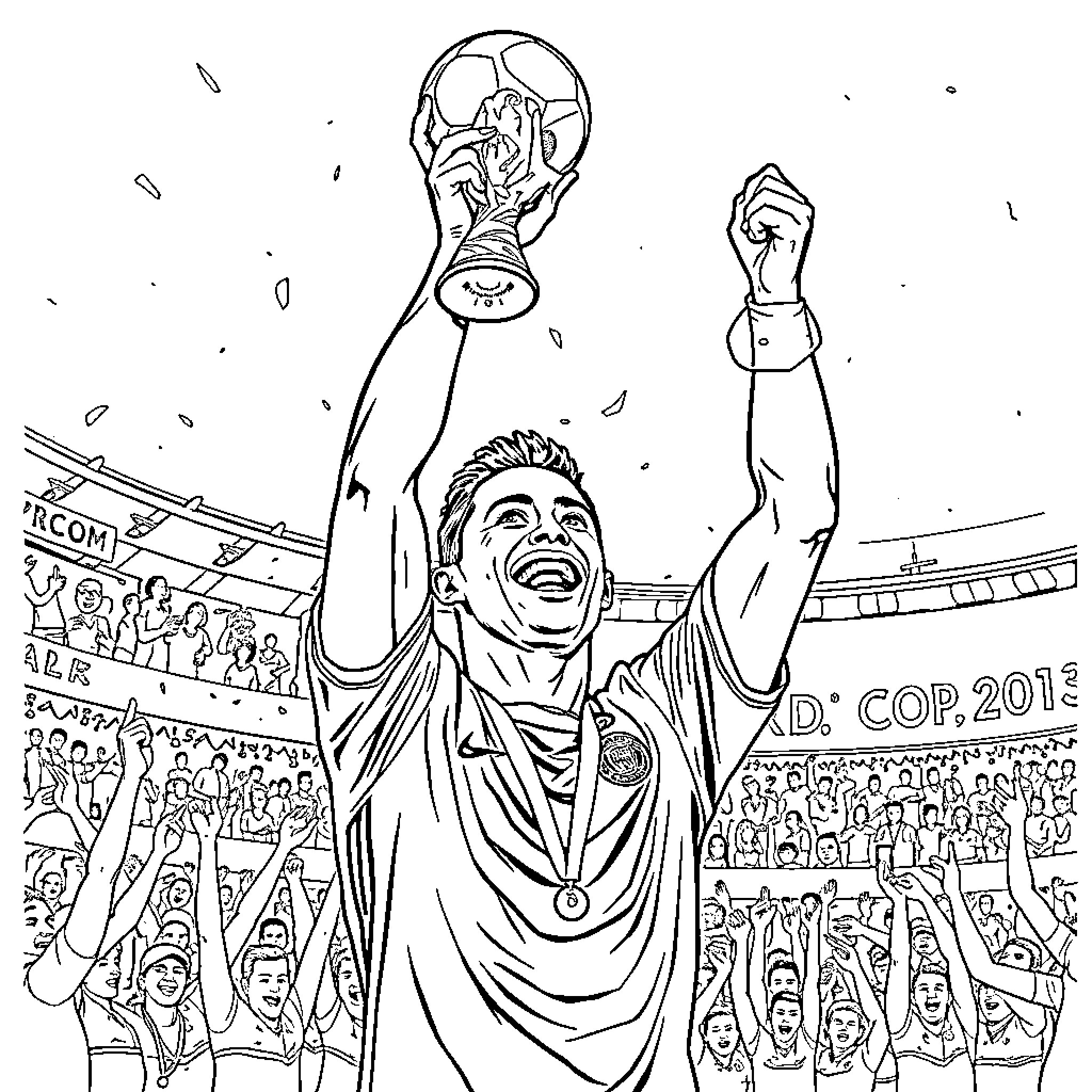 Cristiano Ronaldo celebrating victory at the World Cup Coloring Page (free black-and-white line drawing printable PDF for all, from beginners to advanced learners, including children, teens, adults, and seniors)