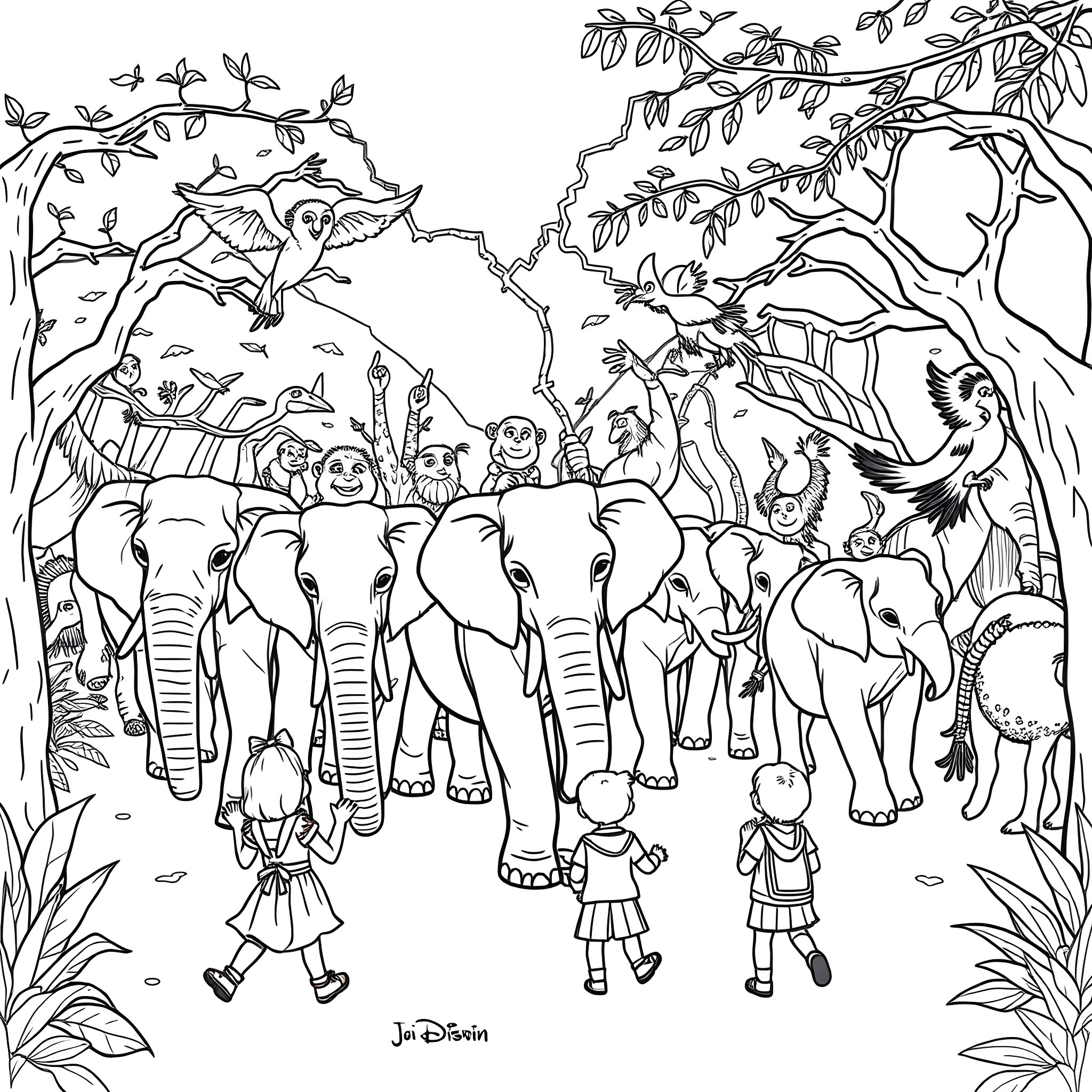 Animals in a Vibrant Jungle Scene Coloring Page (free black-and-white line drawing printable PDF for all, from beginners to advanced learners, including children, teens, adults, and seniors)
