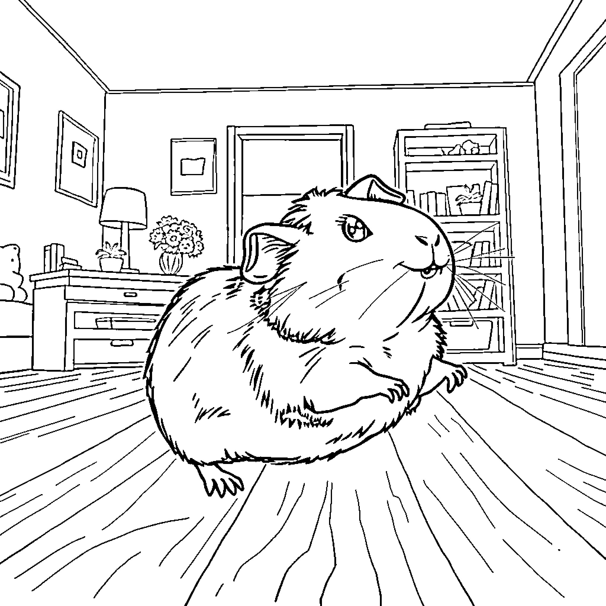 Guinea Pig exploring a cozy home interior Coloring Page (free black-and-white line drawing printable PDF for all, from beginners to advanced learners, including children, teens, adults, and seniors)