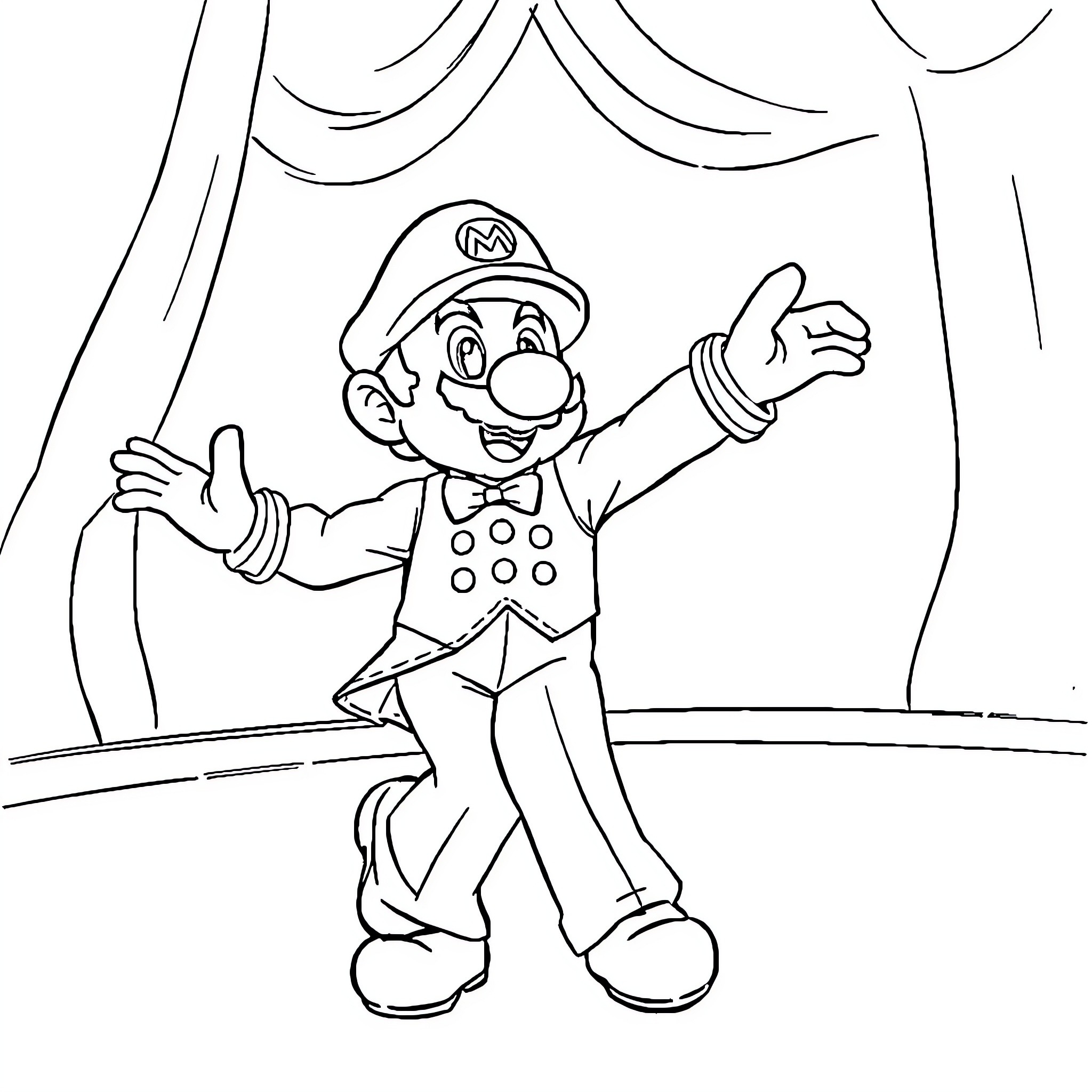 Mario Performing on Stage with Enthusiasm Coloring Page (free black-and-white line drawing printable PDF for all, from beginners to advanced learners, including children, teens, adults, and seniors)