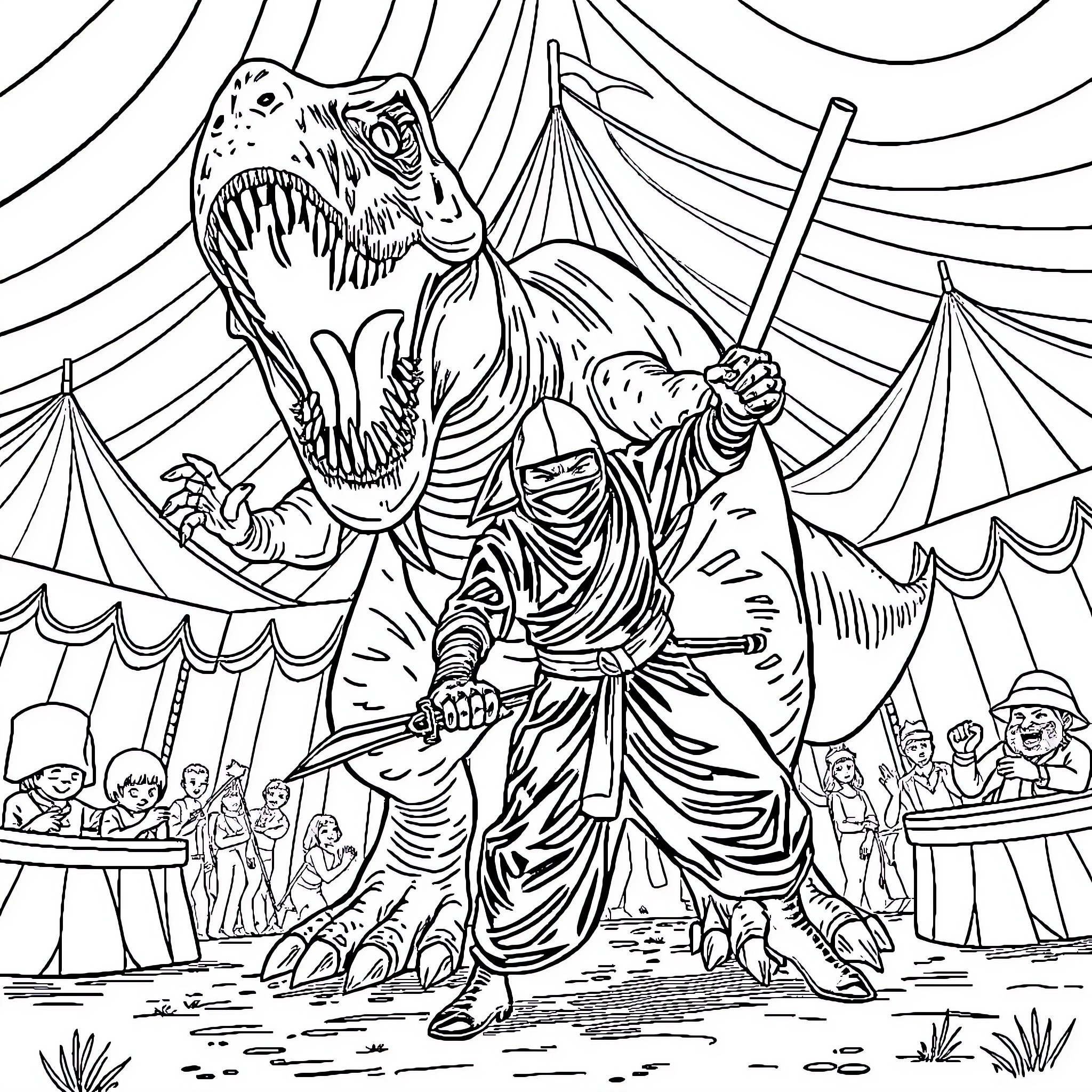 Ninja battles ferocious dinosaur in circus arena Coloring Page (free black-and-white line drawing printable PDF for all, from beginners to advanced learners, including children, teens, adults, and seniors)