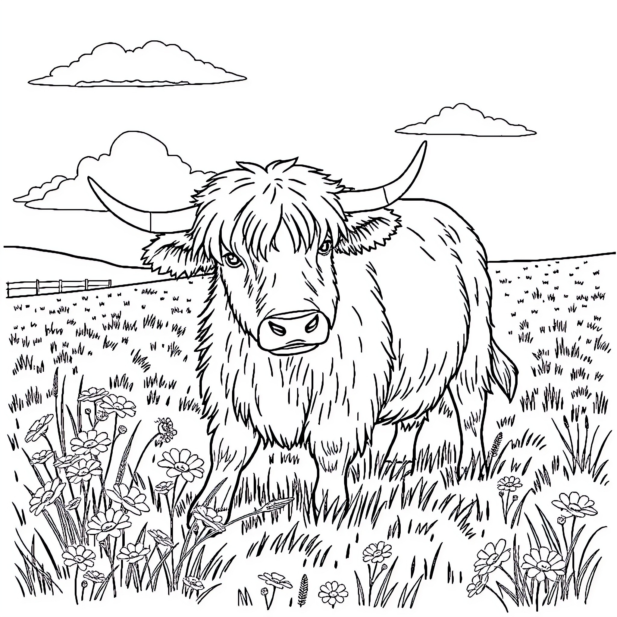 Highland Cow grazing peacefully in a meadow Coloring Page (free black-and-white line drawing printable PDF for all, from beginners to advanced learners, including children, teens, adults, and seniors)