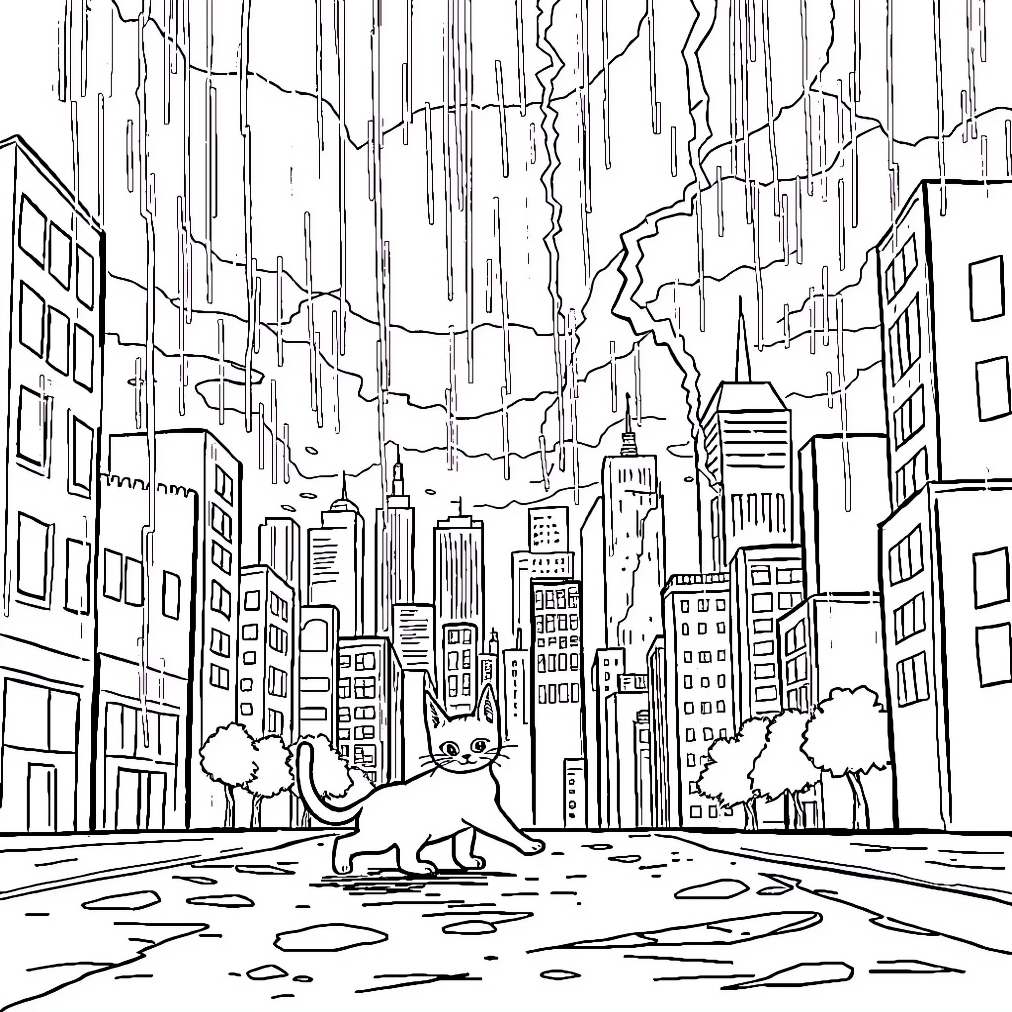 Cat exploring the urban cityscape Coloring Page (free black-and-white line drawing printable PDF for all, from beginners to advanced learners, including children, teens, adults, and seniors)