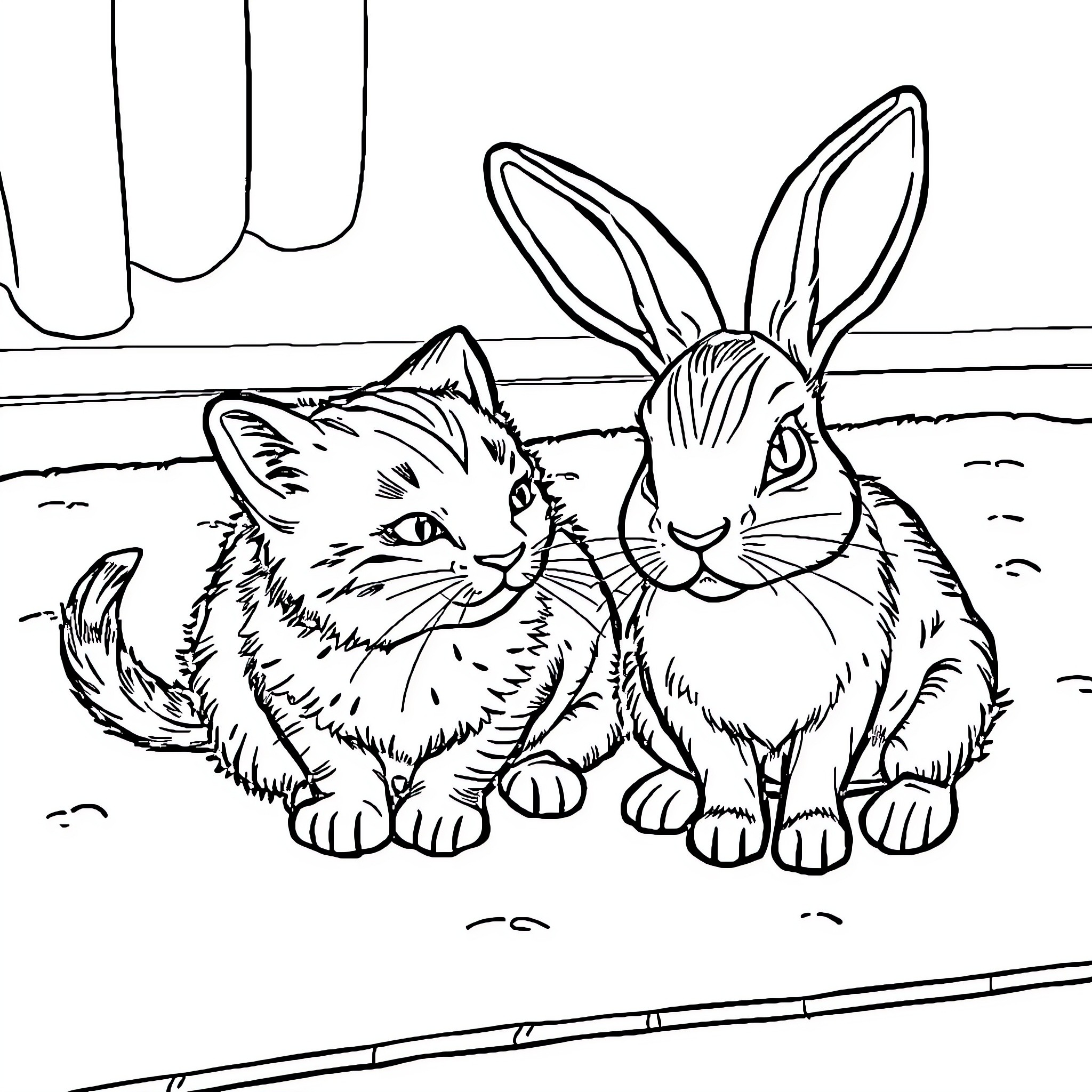 Cat and Rabbit Together in Nature Coloring Page (free black-and-white line drawing printable PDF for all, from beginners to advanced learners, including children, teens, adults, and seniors)