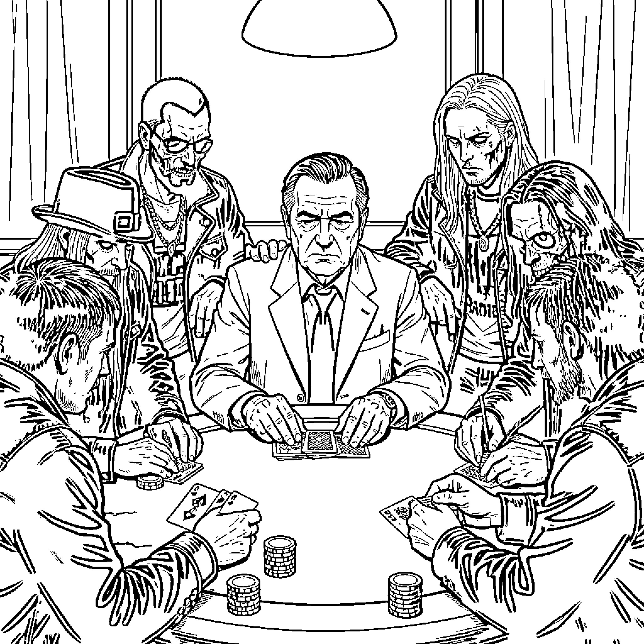 Al Capone playing cards with a group of men Coloring Page (free black-and-white line drawing printable PDF for all, from beginners to advanced learners, including children, teens, adults, and seniors)