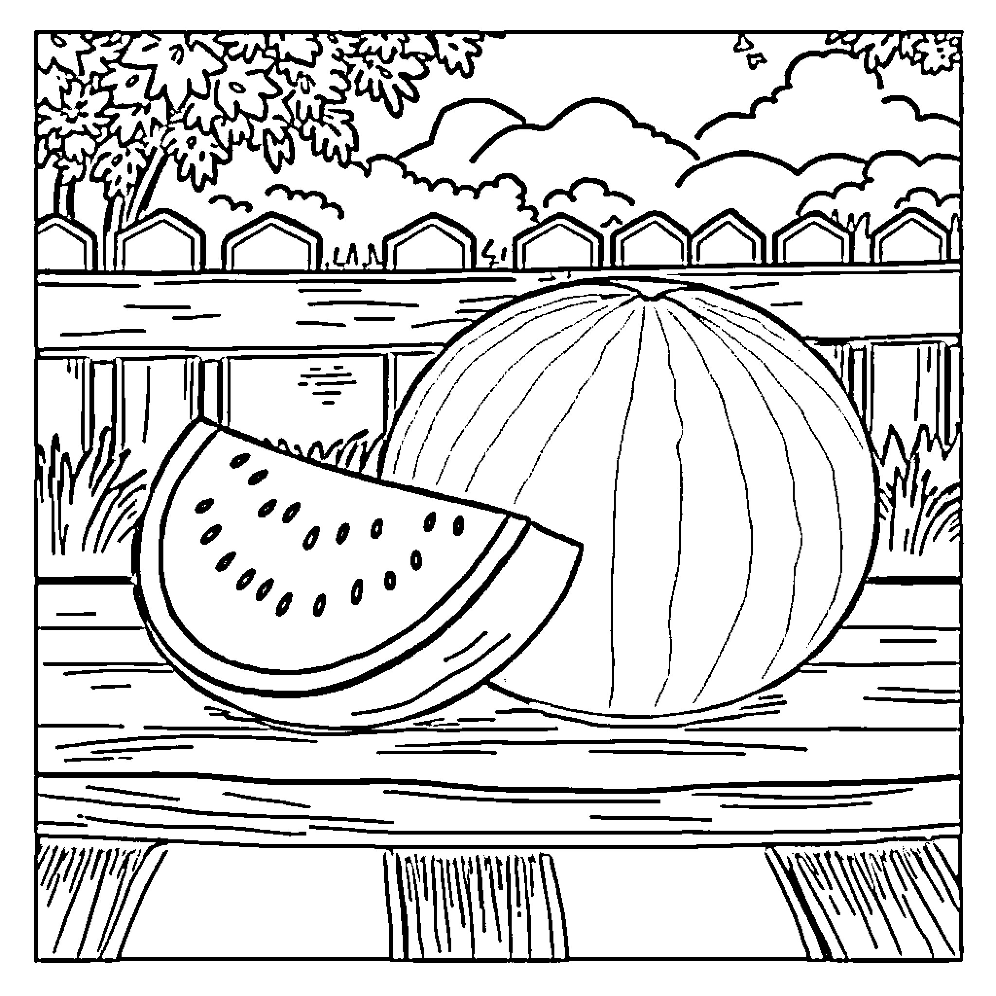 Watermelon on riverbank with scenic landscape Coloring Page (free black-and-white line drawing printable PDF for all, from beginners to advanced learners, including children, teens, adults, and seniors)