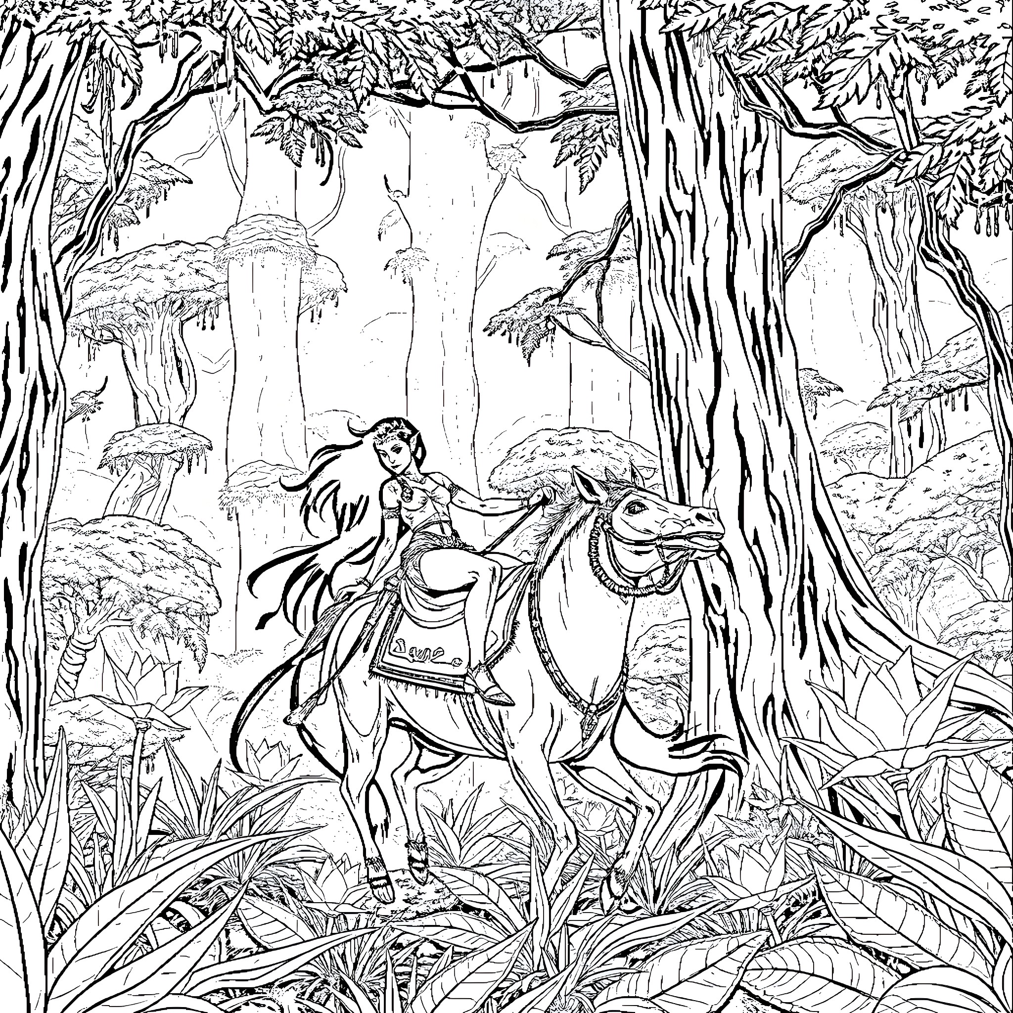 Neytiri riding a majestic horse through the lush forest landscape Coloring Page (free black-and-white line drawing printable PDF for all, from beginners to advanced learners, including children, teens, adults, and seniors)