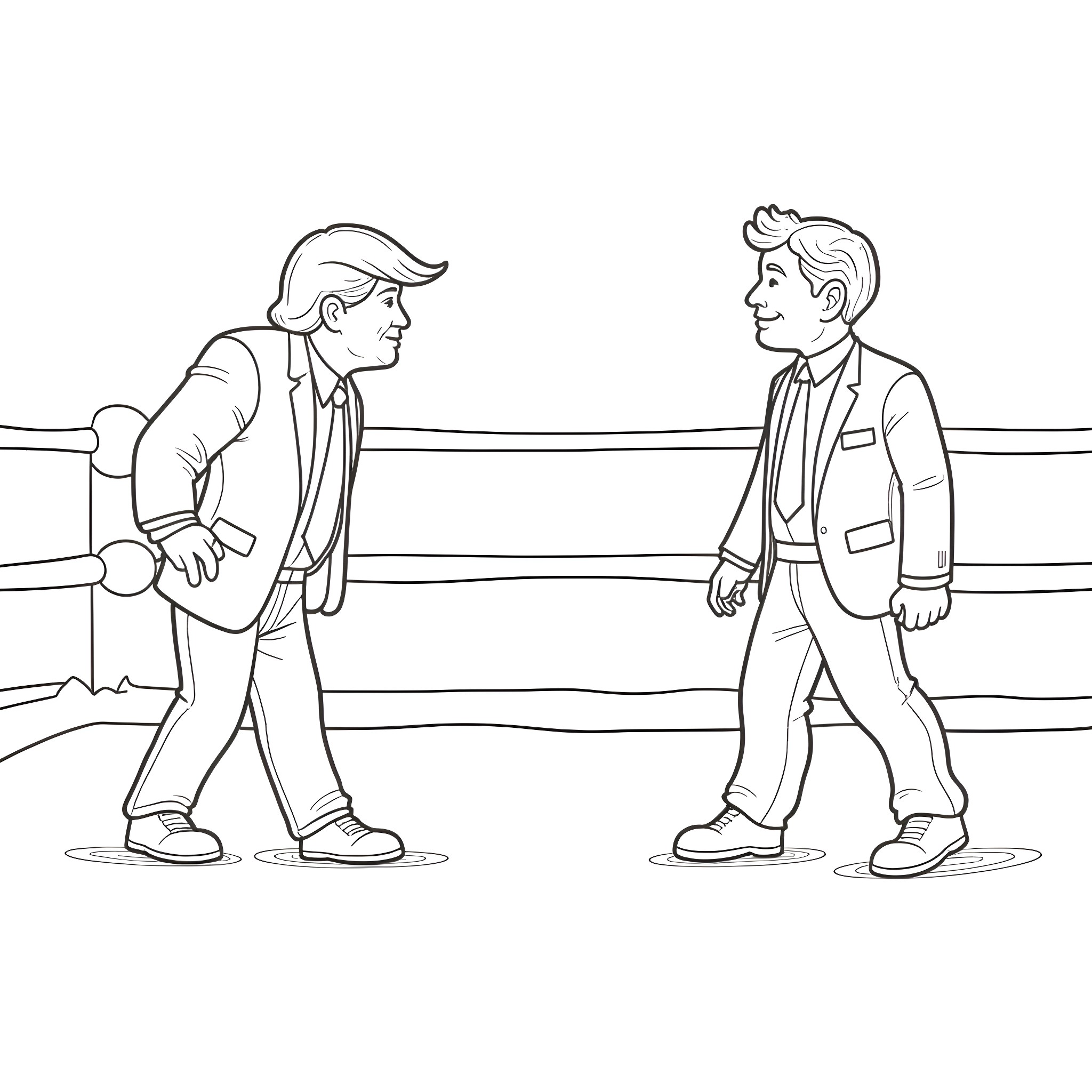 Donald Trump debating with opponent on stage Coloring Page (free black-and-white line drawing printable PDF for all, from beginners to advanced learners, including children, teens, adults, and seniors)