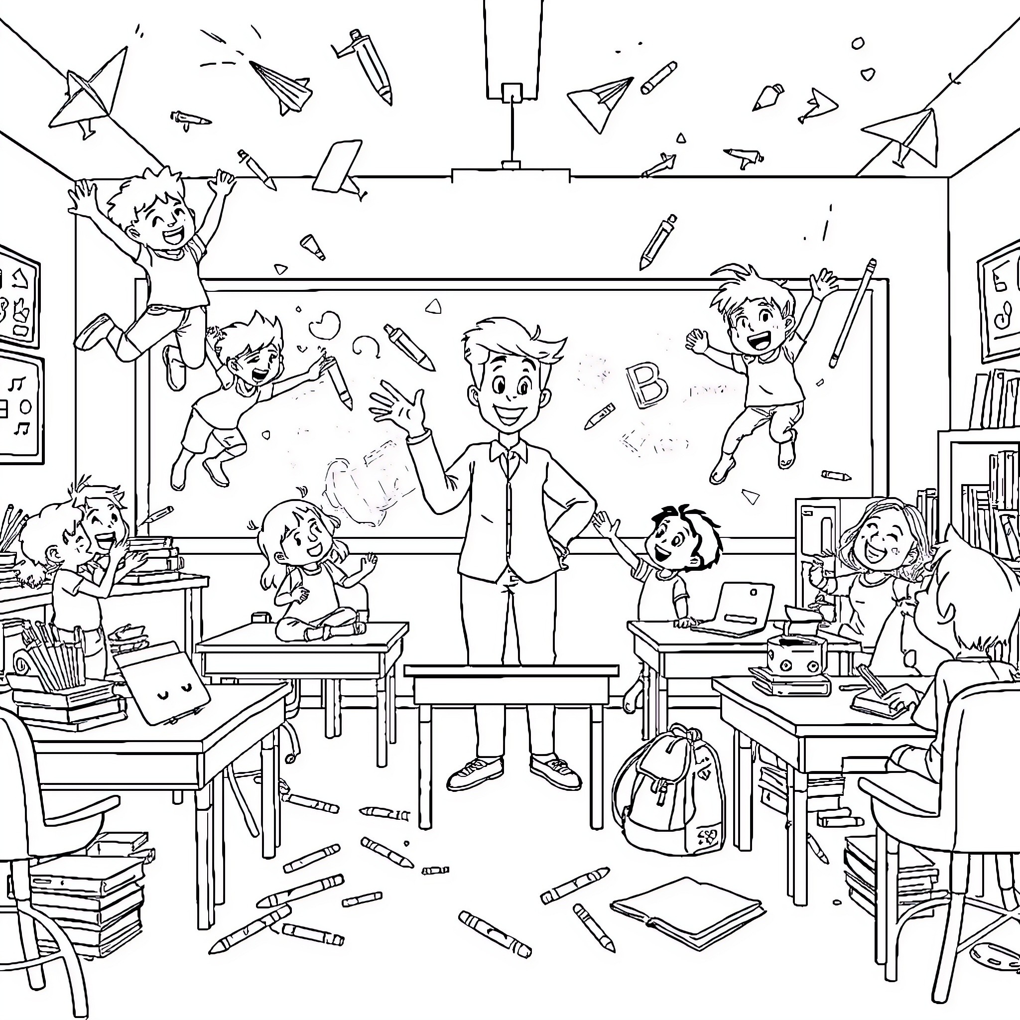 Classroom of Chaos: Lively Students and Their Lively Antics Coloring Page (free black-and-white line drawing printable PDF for all, from beginners to advanced learners, including children, teens, adults, and seniors)