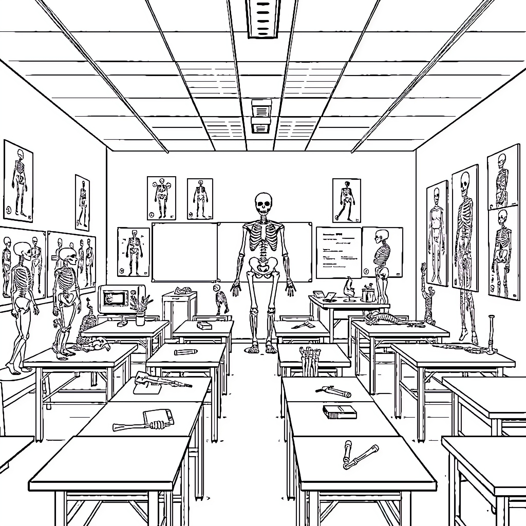 Anatomy of an Educational Classroom Coloring Page (free black-and-white line drawing printable PDF for all, from beginners to advanced learners, including children, teens, adults, and seniors)