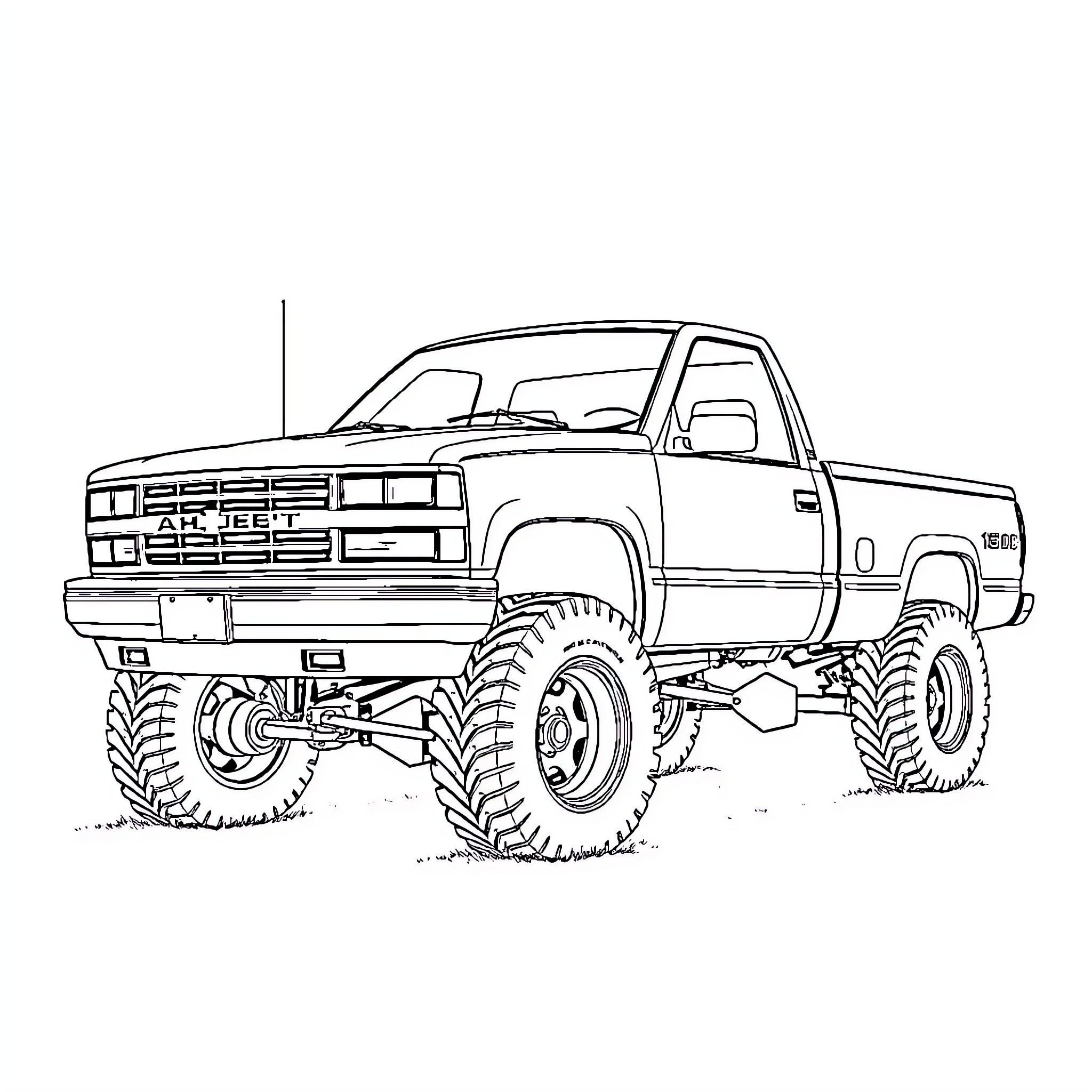 Chevy Pickup Truck with Oversized Tires and Rugged Exterior Coloring Page (free black-and-white line drawing printable PDF for all, from beginners to advanced learners, including children, teens, adults, and seniors)