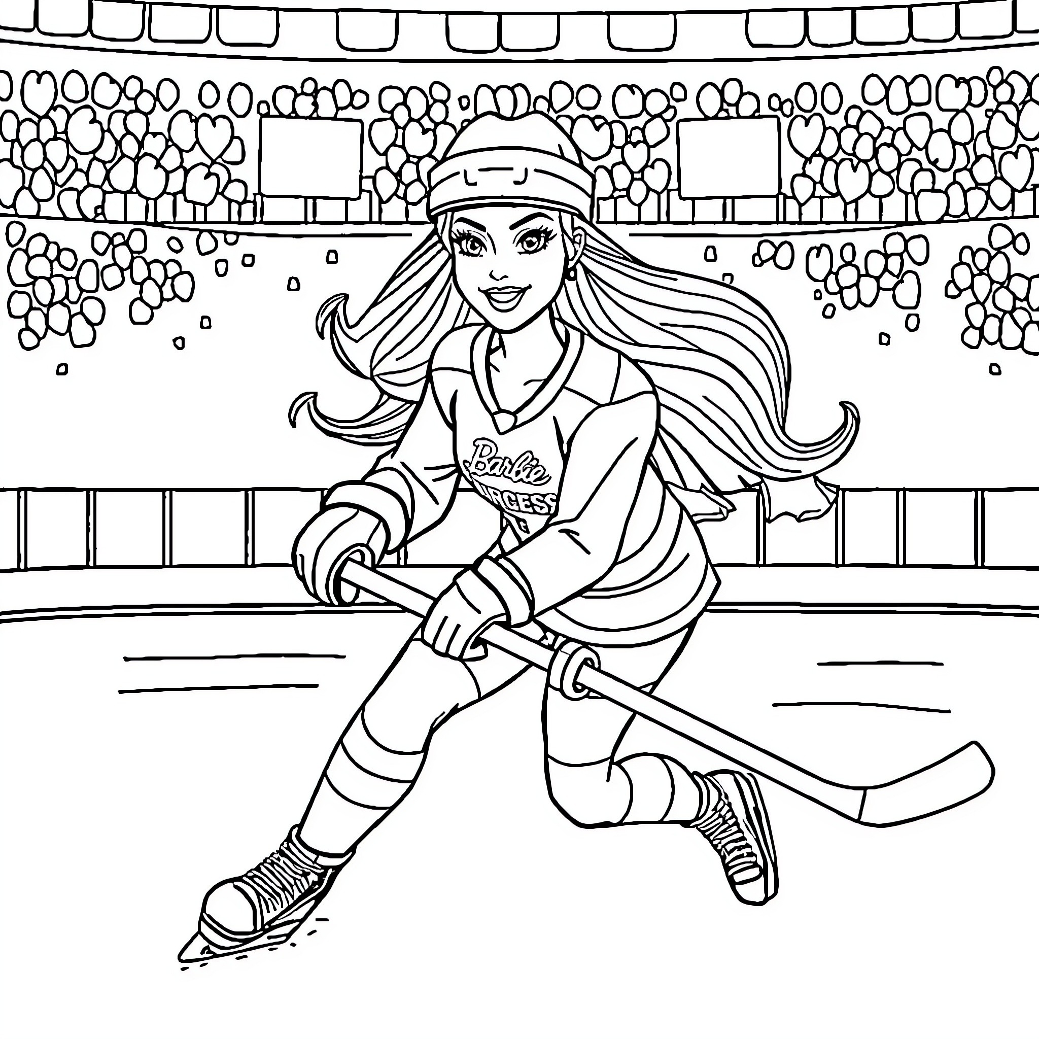 Barbie playing ice hockey on the rink Coloring Page (free black-and-white line drawing printable PDF for all, from beginners to advanced learners, including children, teens, adults, and seniors)