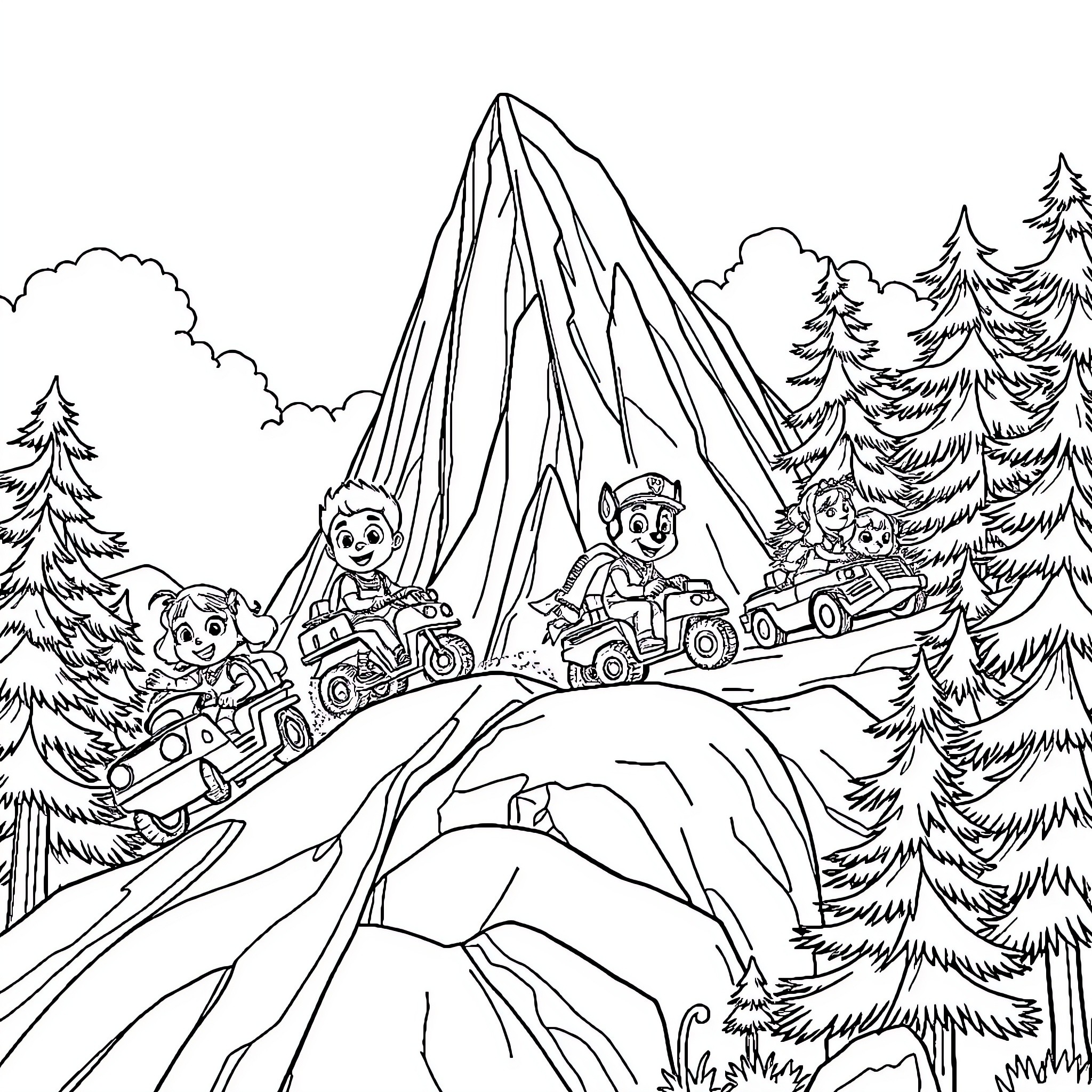 Paw Patrol team exploring the mountains in vehicles Coloring Page (free black-and-white line drawing printable PDF for all, from beginners to advanced learners, including children, teens, adults, and seniors)