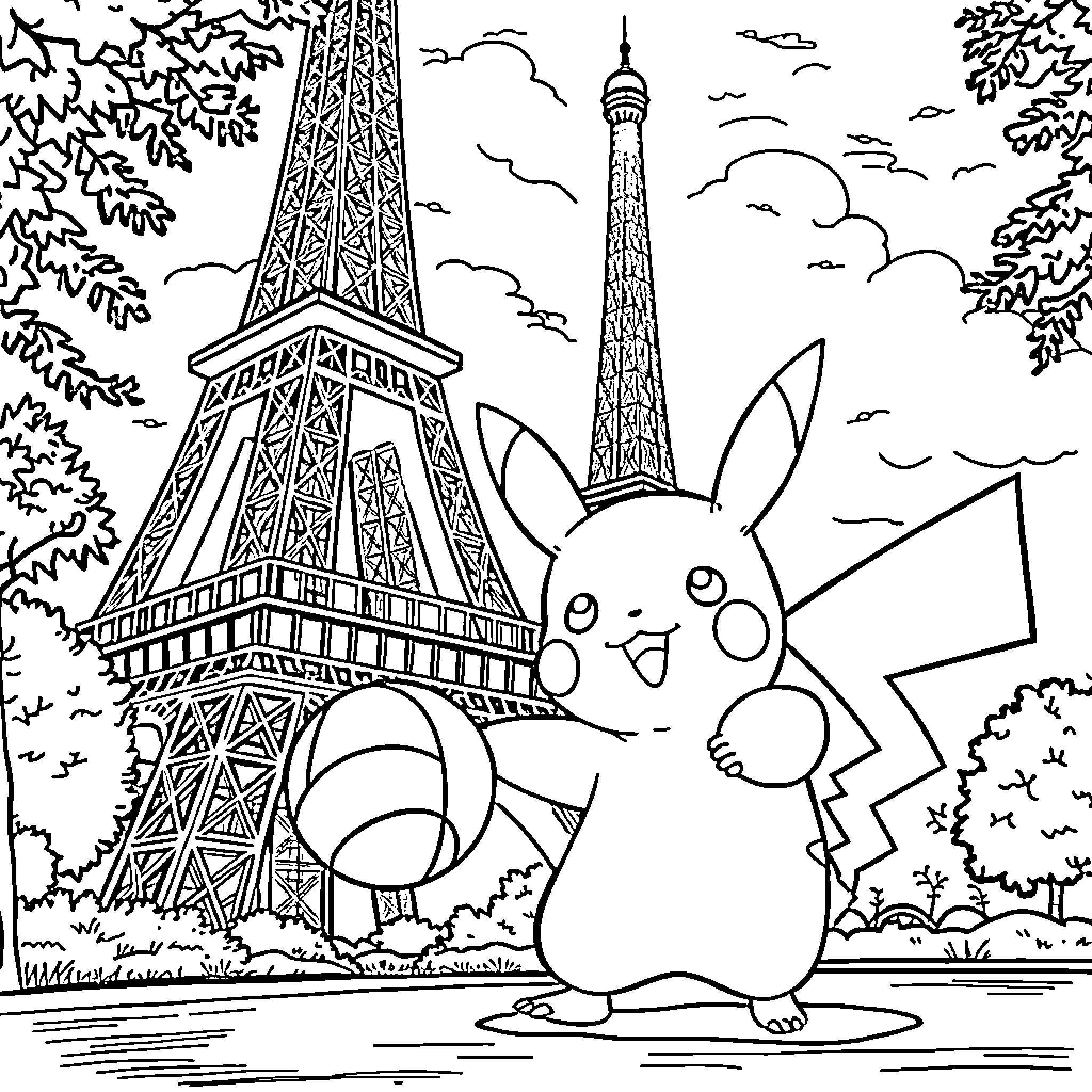Pikachu enjoys sights of iconic Eiffel Tower Coloring Page (free black-and-white line drawing printable PDF for all, from beginners to advanced learners, including children, teens, adults, and seniors)