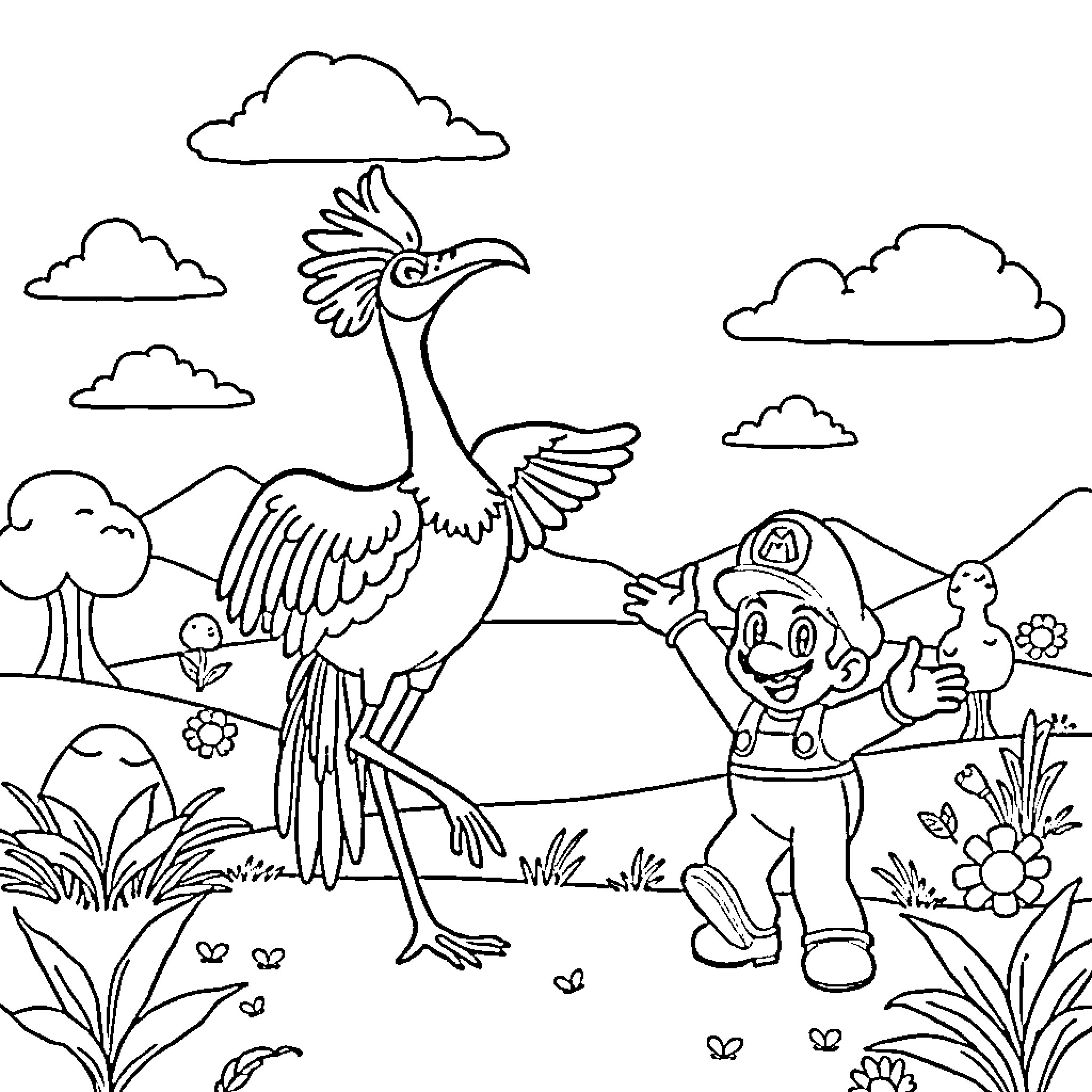 Quetzalcoatlus meeting a friendly character in the outdoors Coloring Page (free black-and-white line drawing printable PDF for all, from beginners to advanced learners, including children, teens, adults, and seniors)