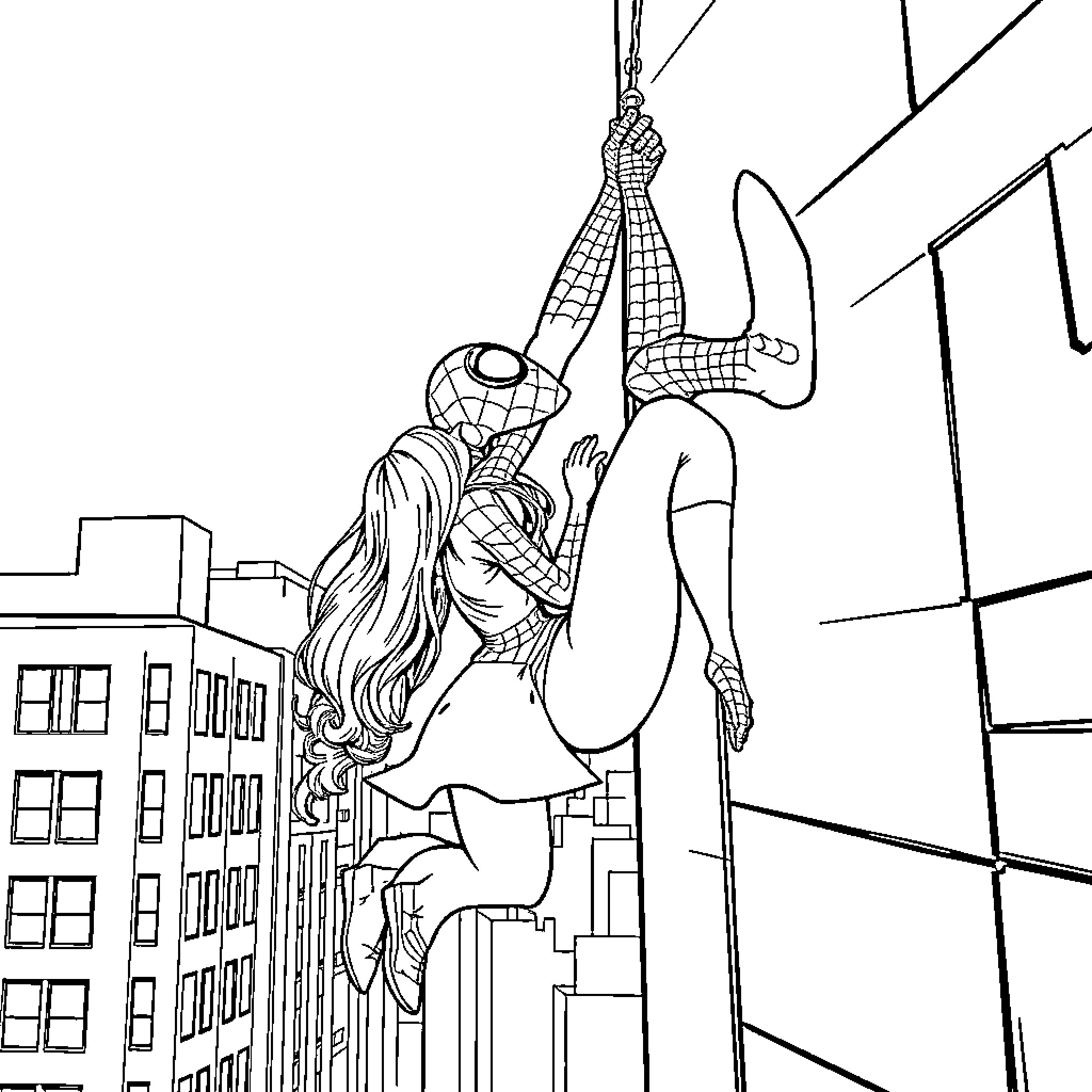 Spider-Man Swinging Through the City Coloring Page (free black-and-white line drawing printable PDF for all, from beginners to advanced learners, including children, teens, adults, and seniors)