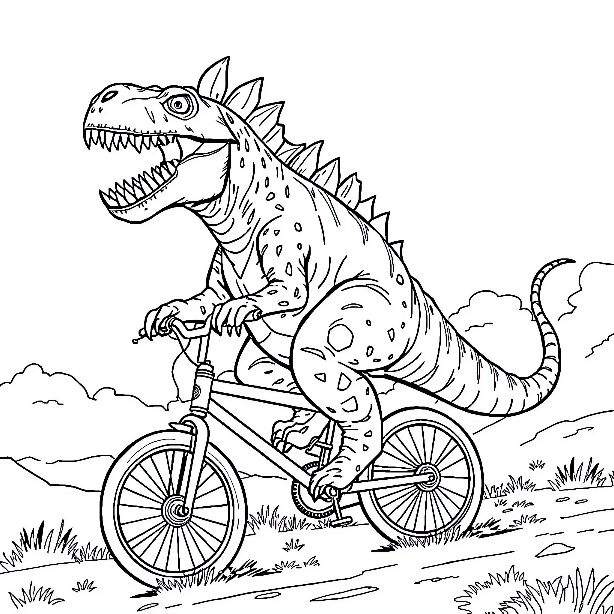 Tyrannosaurus riding a bicycle through the wilderness Coloring Page (free black-and-white line drawing printable PDF for all, from beginners to advanced learners, including children, teens, adults, and seniors)