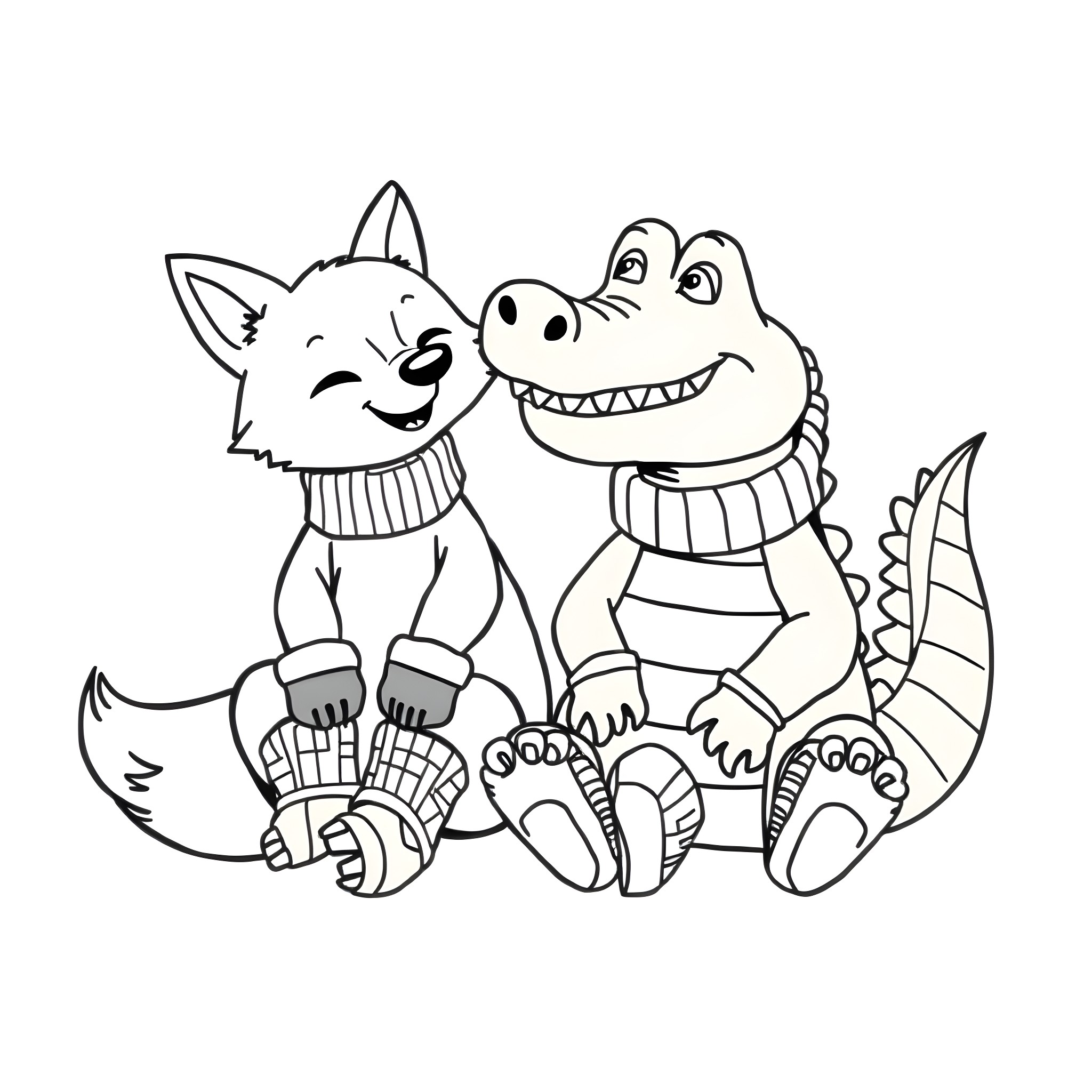 Fox and crocodile friends playing together Coloring Page (free black-and-white line drawing printable PDF for all, from beginners to advanced learners, including children, teens, adults, and seniors)