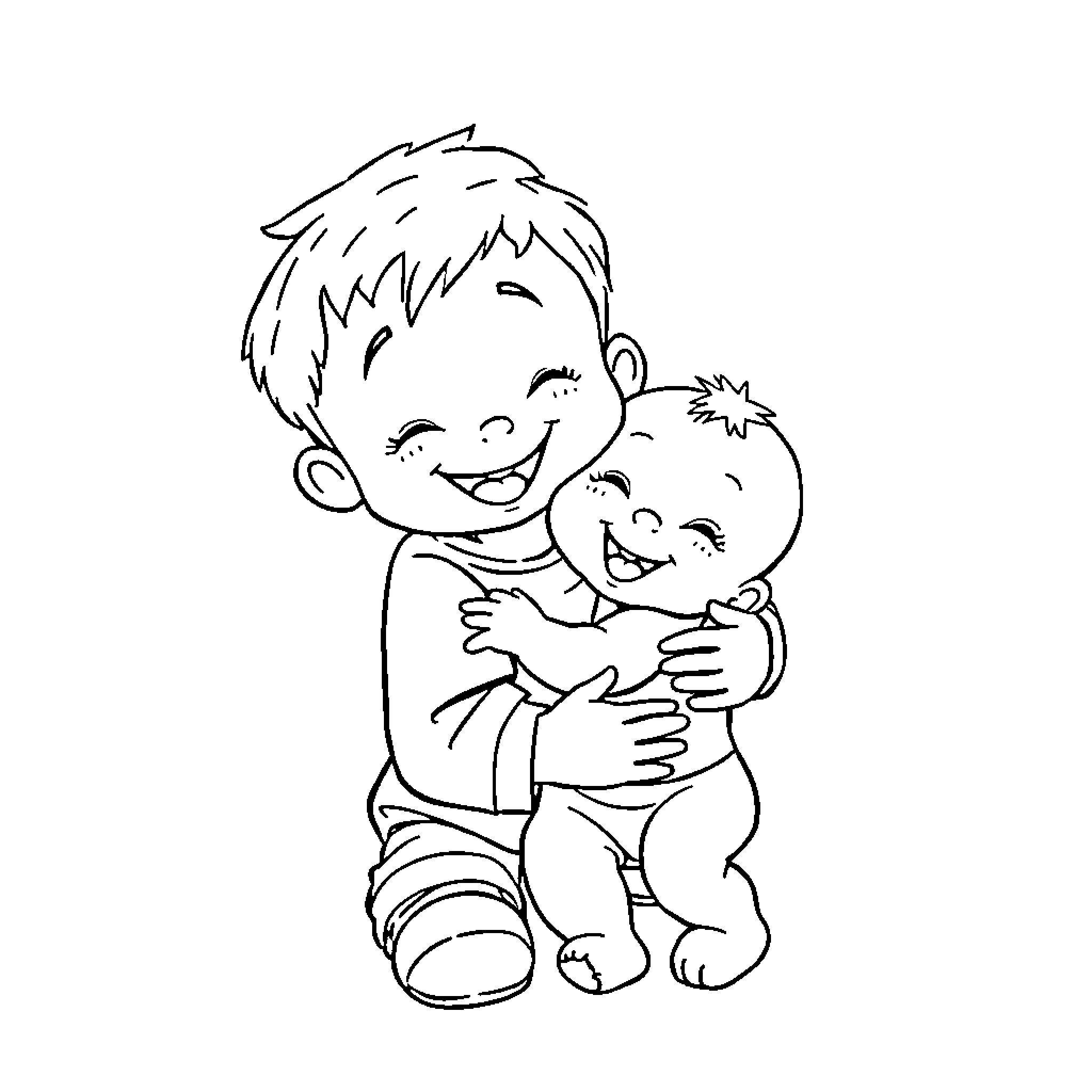 Toddler embracing his baby sibling with affection Coloring Page (free black-and-white line drawing printable PDF for all, from beginners to advanced learners, including children, teens, adults, and seniors)