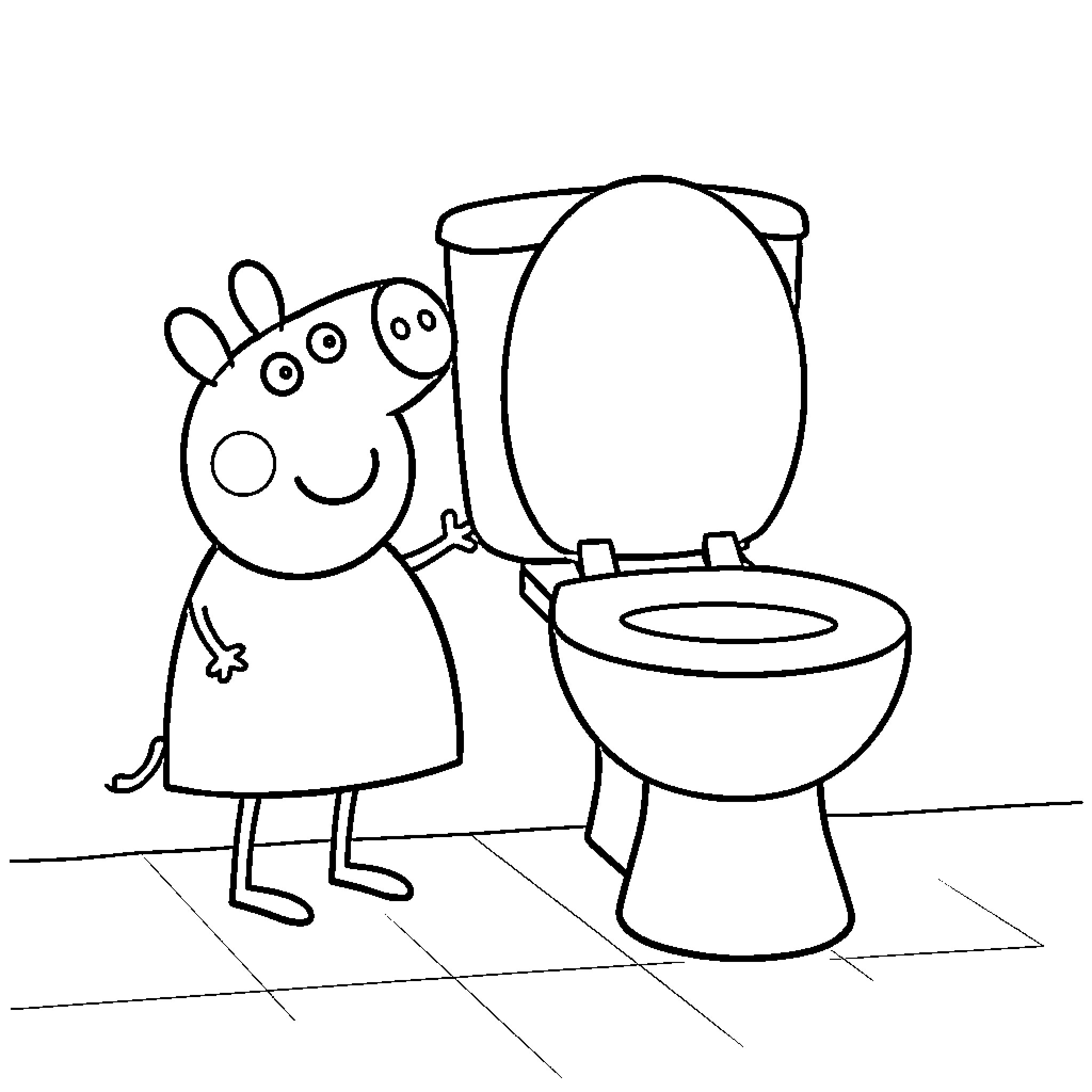 Peppa Pig learning about restroom etiquette Coloring Page (free black-and-white line drawing printable PDF for all, from beginners to advanced learners, including children, teens, adults, and seniors)
