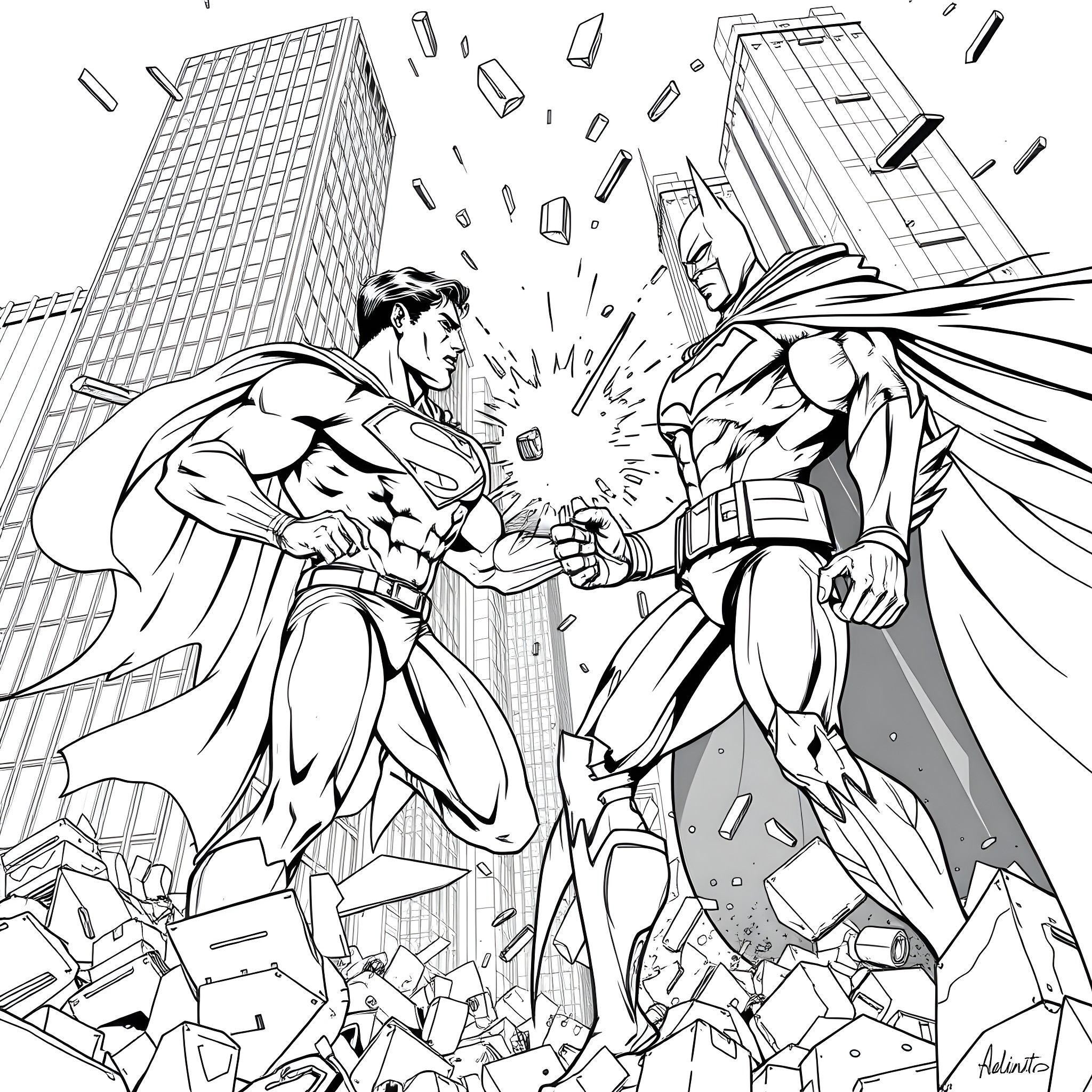 Superman and Batman Clash in Epic Superhero Battle Coloring Page (free black-and-white line drawing printable PDF for all, from beginners to advanced learners, including children, teens, adults, and seniors)