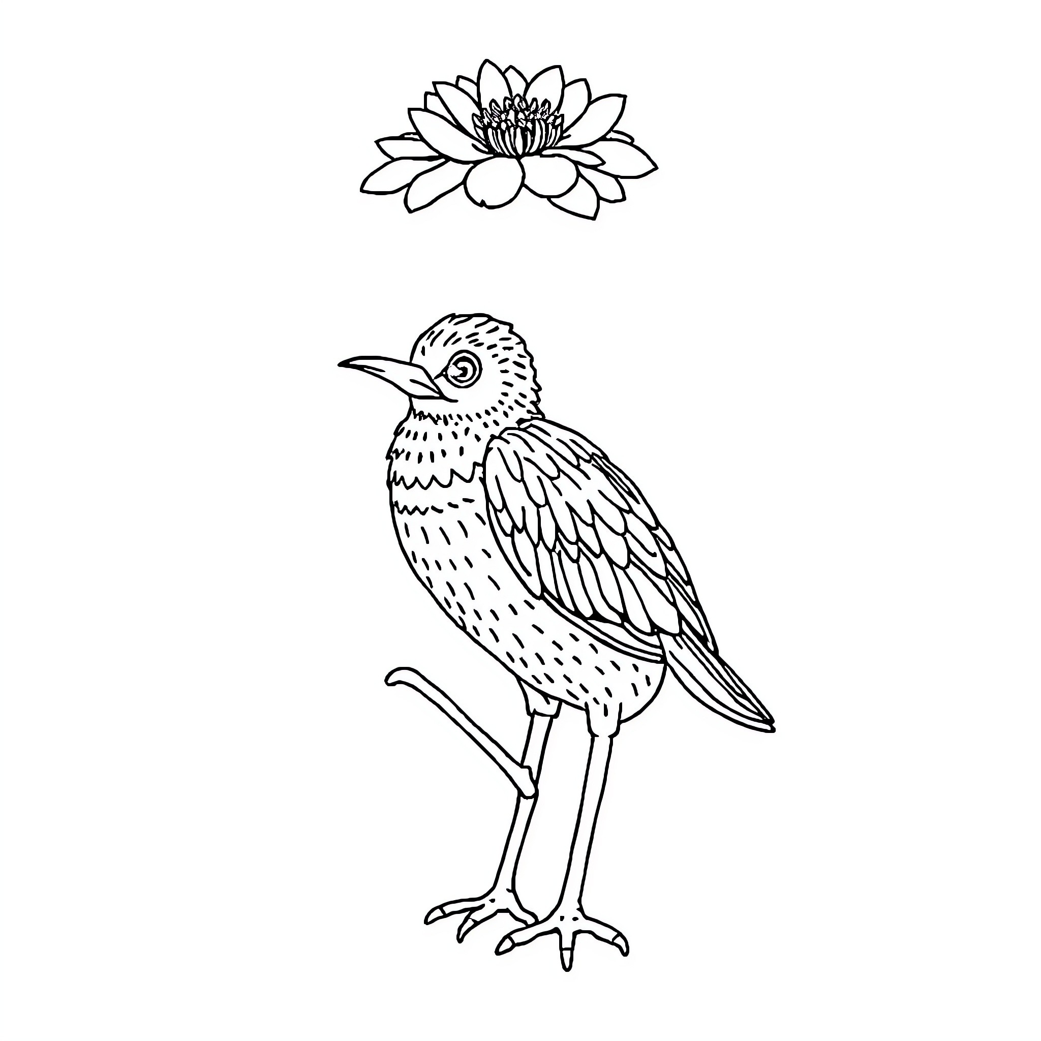 Doll-like bird perched beneath flower Coloring Page (free black-and-white line drawing printable PDF for all, from beginners to advanced learners, including children, teens, adults, and seniors)