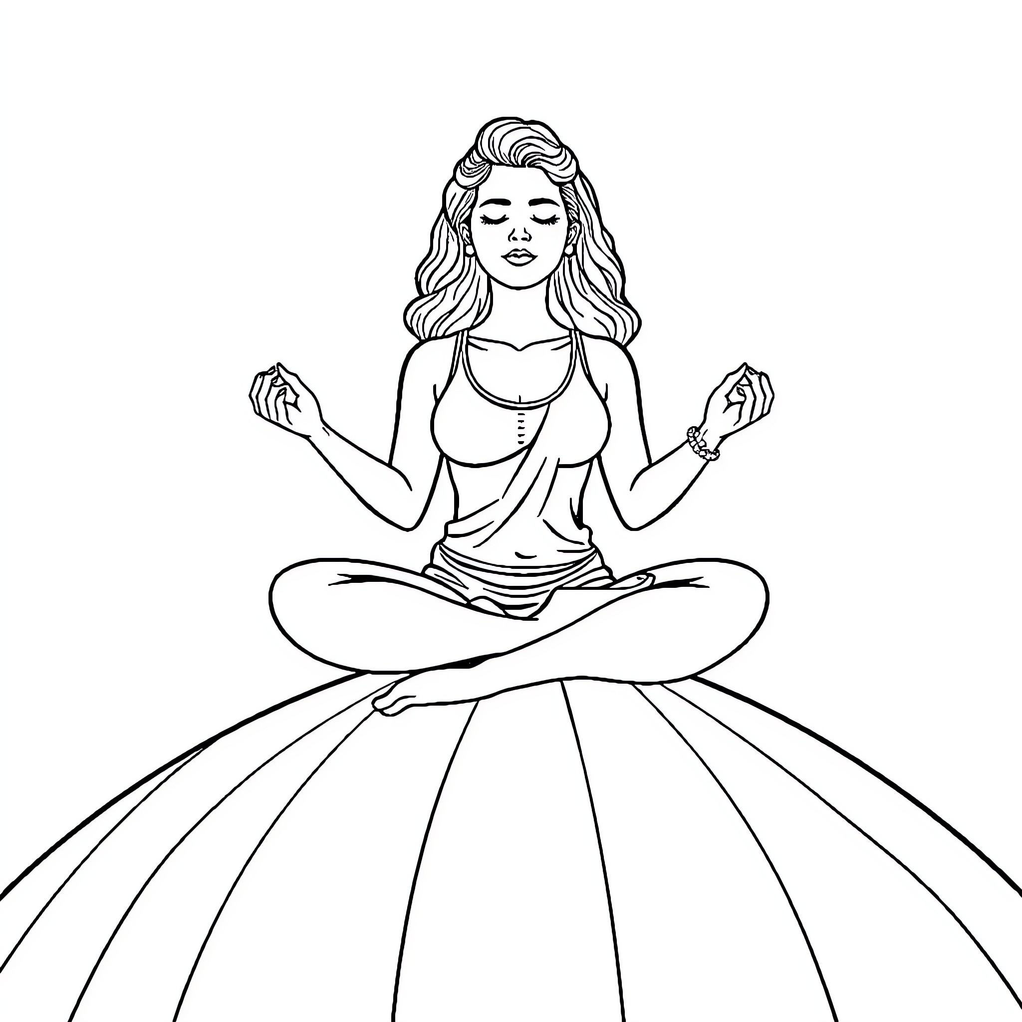 Woman meditating in peaceful pose Coloring Page (free black-and-white line drawing printable PDF for all, from beginners to advanced learners, including children, teens, adults, and seniors)