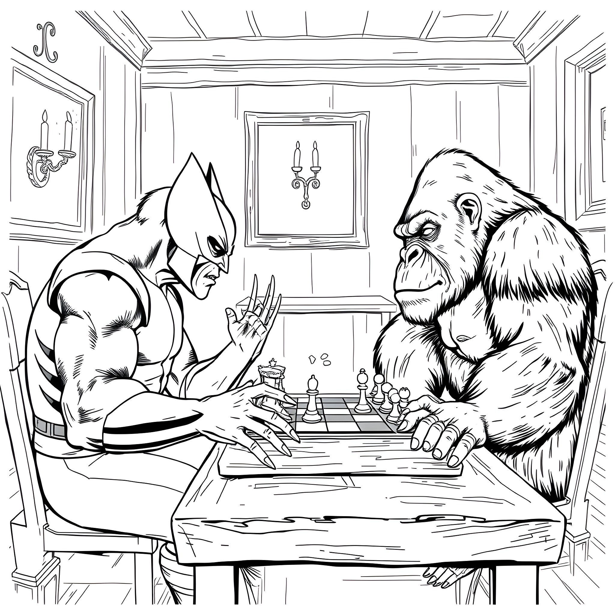 Wolverine and Gorilla Playing Chess in Study Coloring Page (free black-and-white line drawing printable PDF for all, from beginners to advanced learners, including children, teens, adults, and seniors)
