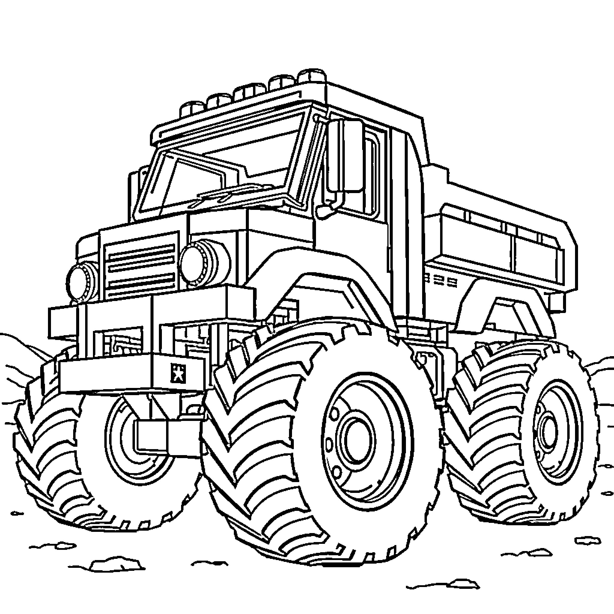 Lego Truck Driving Through Rugged Terrain Coloring Page (free black-and-white line drawing printable PDF for all, from beginners to advanced learners, including children, teens, adults, and seniors)