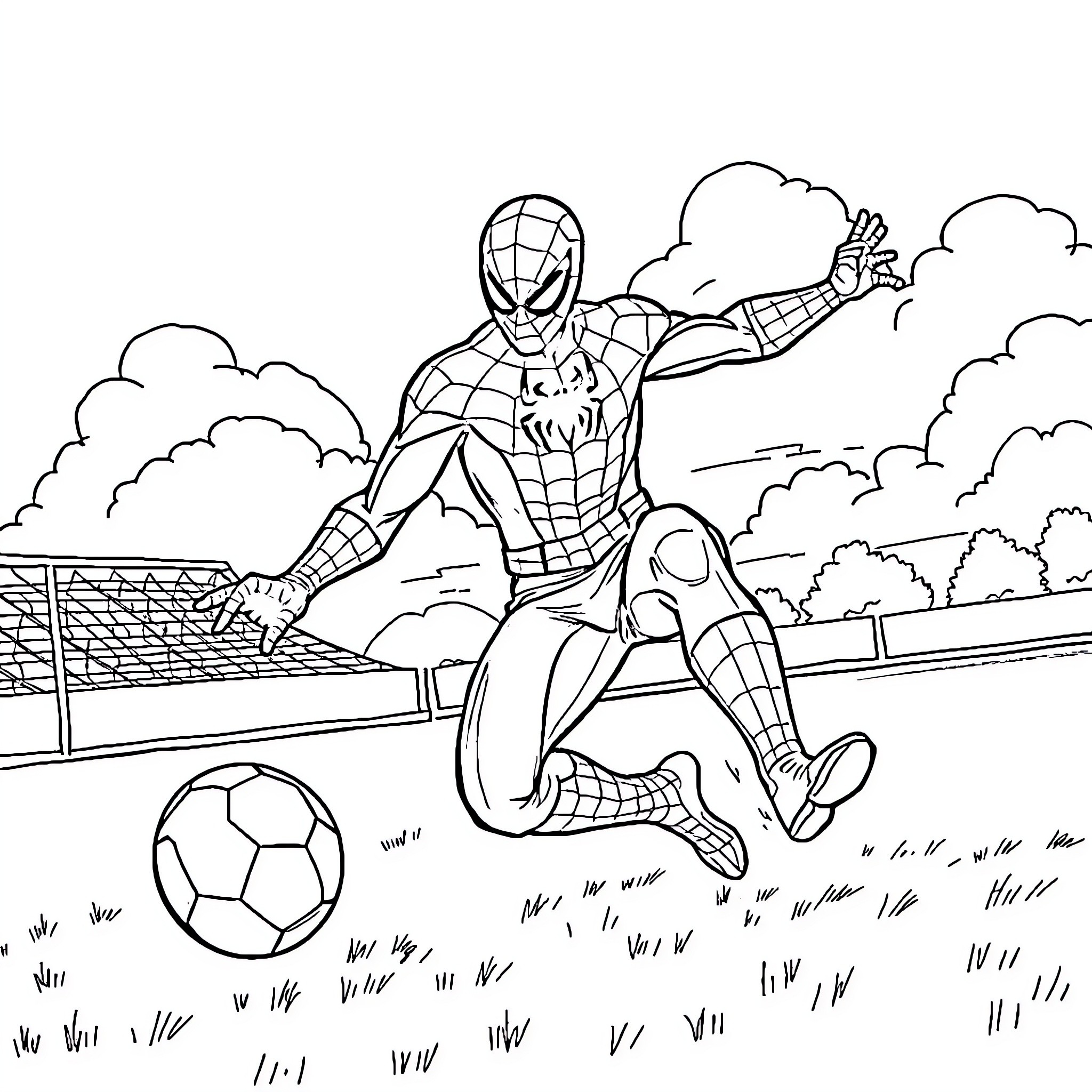 Spiderman kicking soccer ball on the field Coloring Page (free black-and-white line drawing printable PDF for all, from beginners to advanced learners, including children, teens, adults, and seniors)