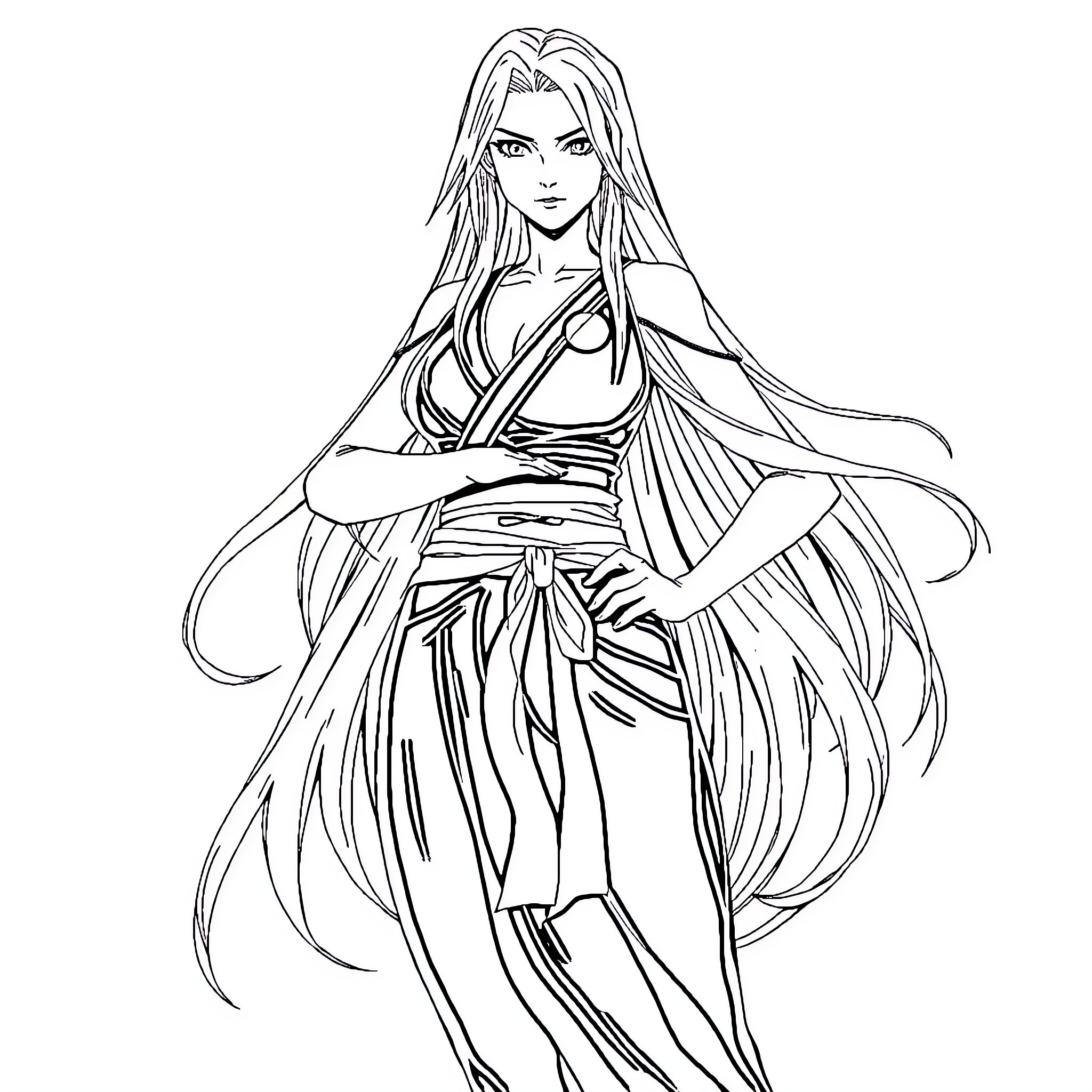 Tsunade in Flowing Robes and Long Hair Coloring Page (free black-and-white line drawing printable PDF for all, from beginners to advanced learners, including children, teens, adults, and seniors)