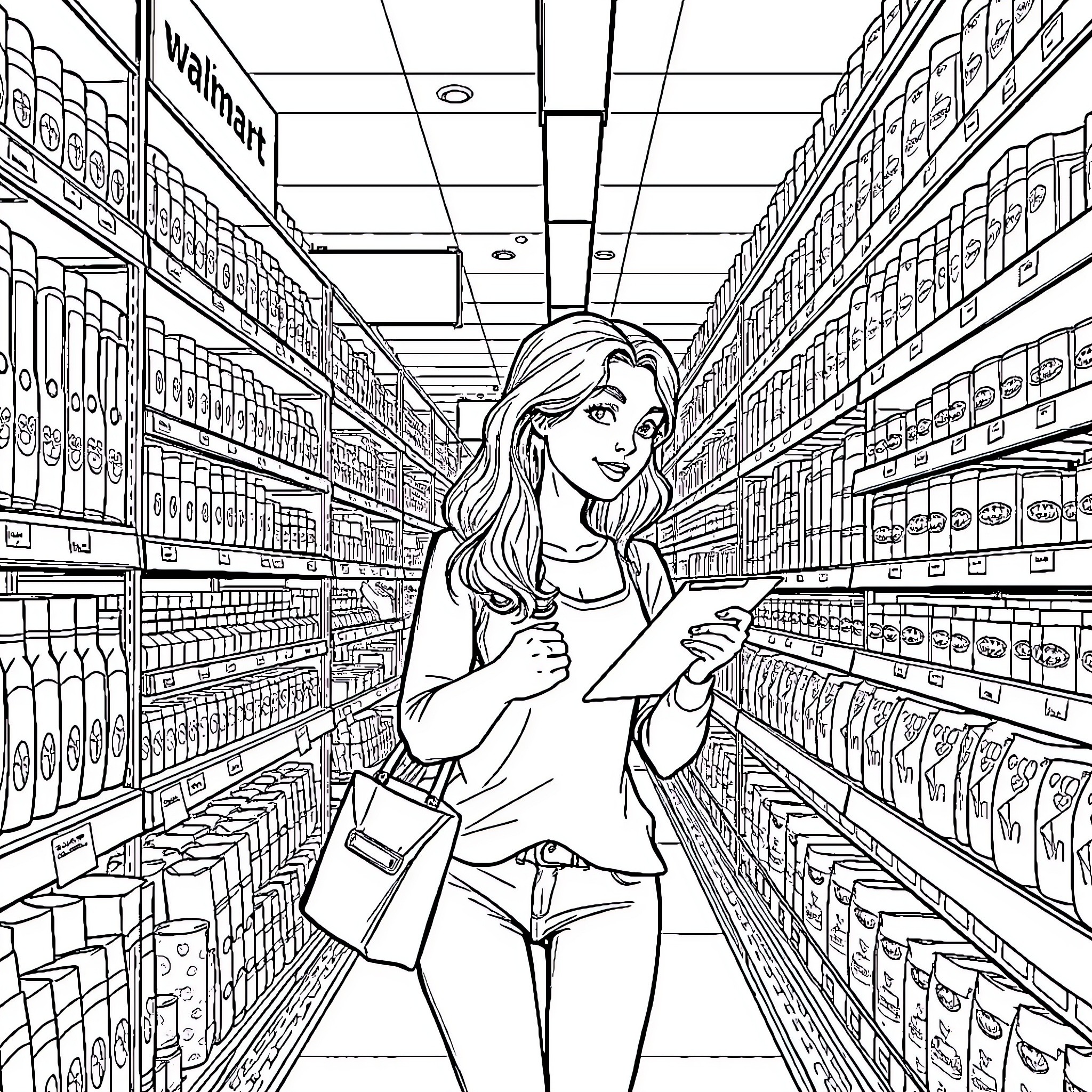 Beatrix Kiddo shopping in a grocery store Coloring Page (free black-and-white line drawing printable PDF for all, from beginners to advanced learners, including children, teens, adults, and seniors)
