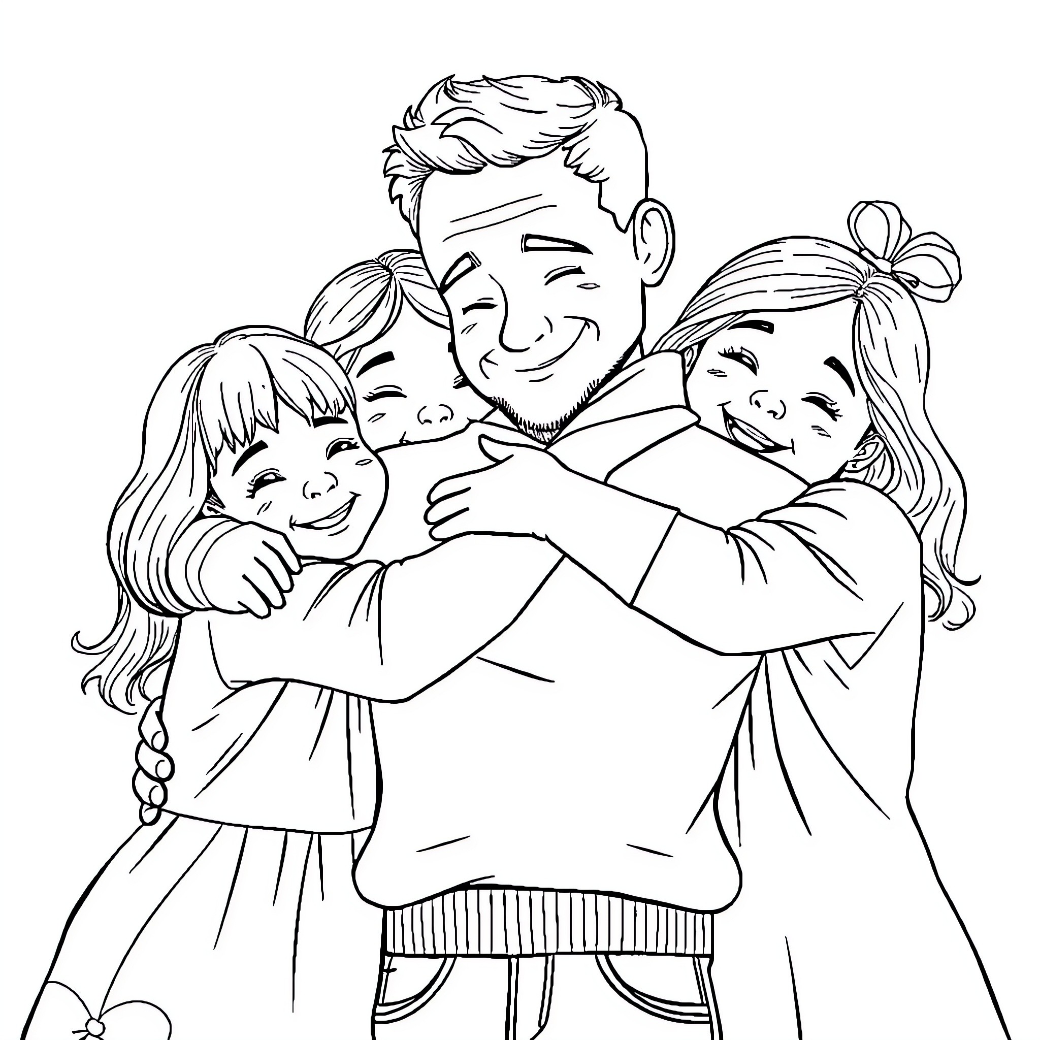 Girl and Family Embracing Happily Coloring Page (free black-and-white line drawing printable PDF for all, from beginners to advanced learners, including children, teens, adults, and seniors)