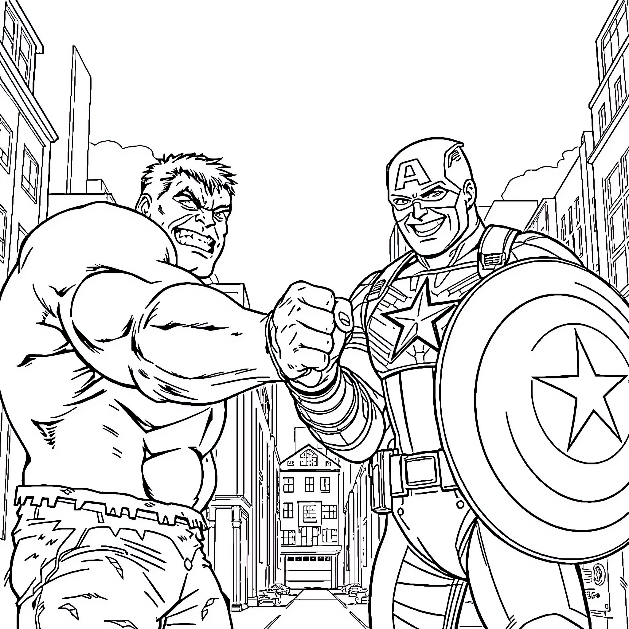 Hulk and Captain America Battling in the City Coloring Page (free black-and-white line drawing printable PDF for all, from beginners to advanced learners, including children, teens, adults, and seniors)