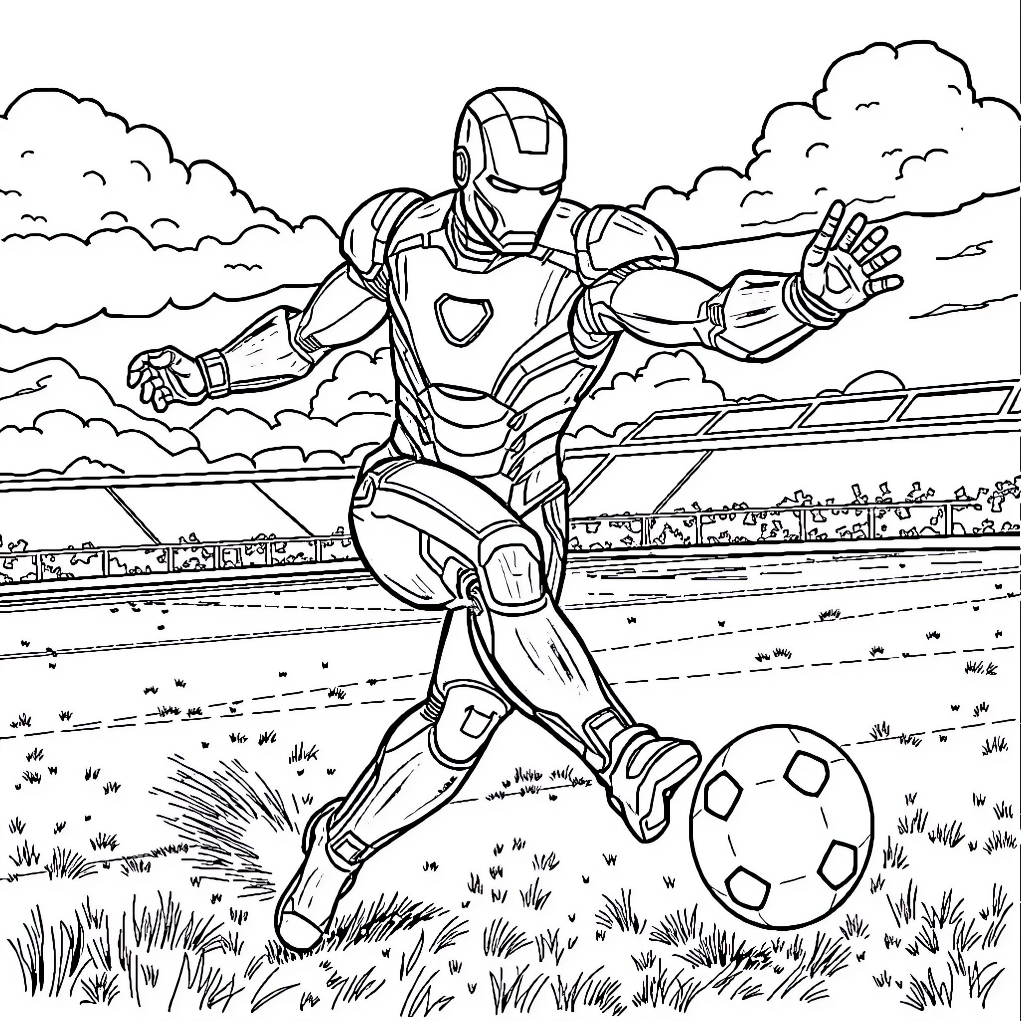 Ironman playing soccer in a field Coloring Page (free black-and-white line drawing printable PDF for all, from beginners to advanced learners, including children, teens, adults, and seniors)