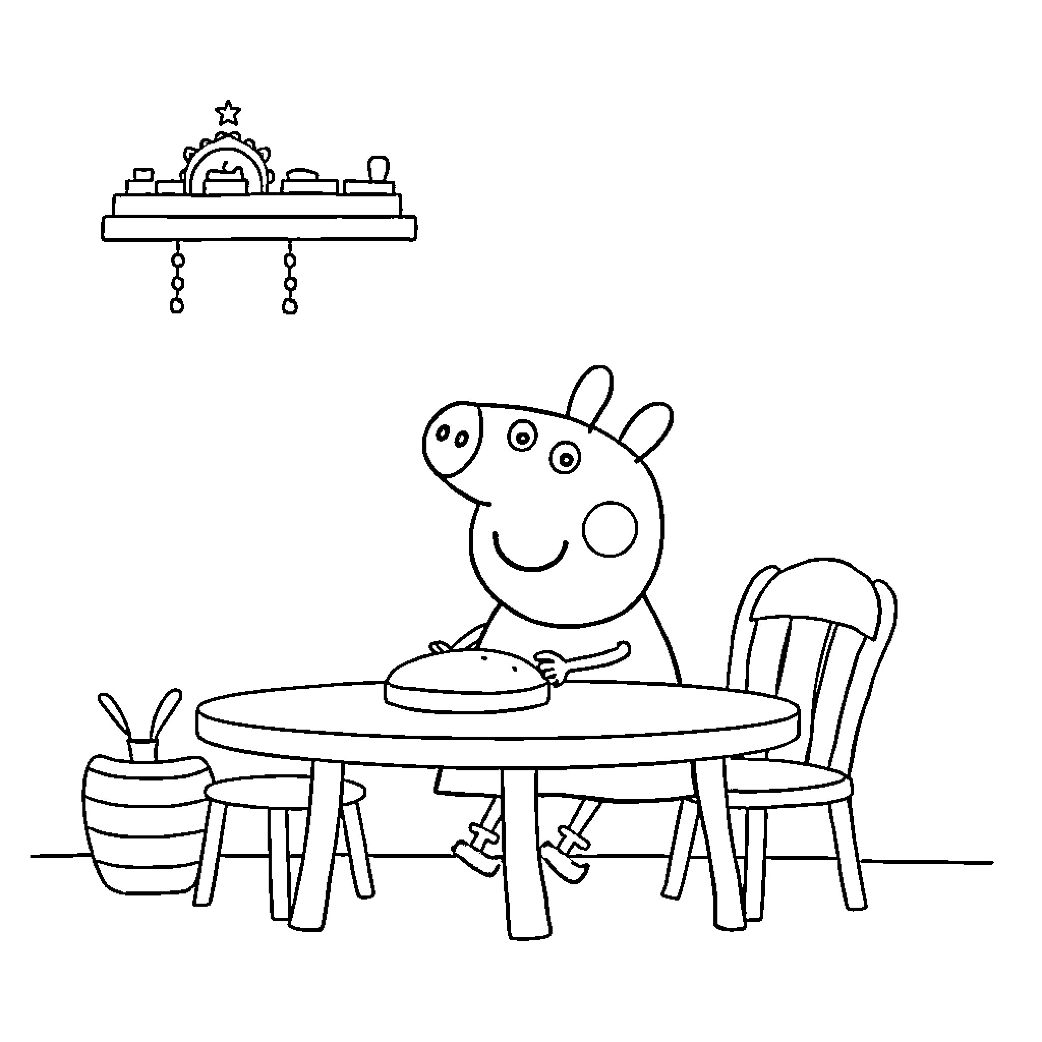 Peppa enjoying a cozy day at home Coloring Page (free black-and-white line drawing printable PDF for all, from beginners to advanced learners, including children, teens, adults, and seniors)