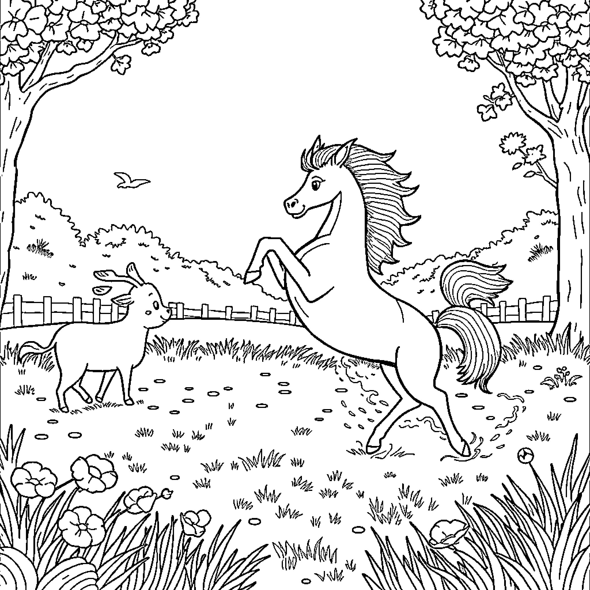 Animal in the Meadow with Blooming Trees Coloring Page (free black-and-white line drawing printable PDF for all, from beginners to advanced learners, including children, teens, adults, and seniors)