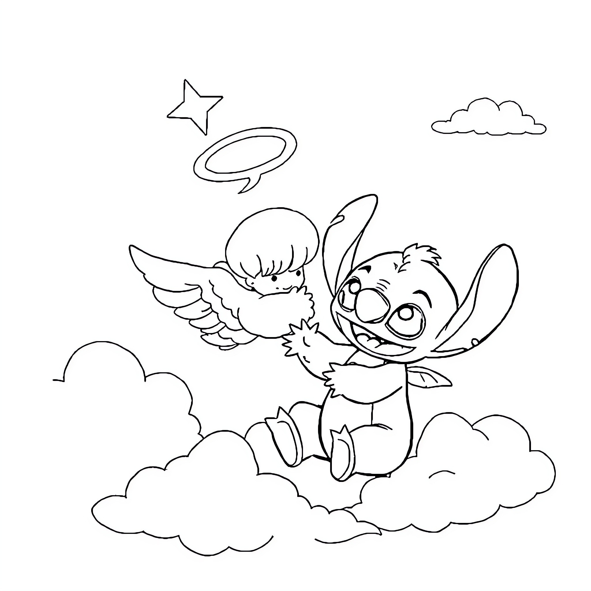Stitch flying joyfully among the clouds Coloring Page (free black-and-white line drawing printable PDF for all, from beginners to advanced learners, including children, teens, adults, and seniors)