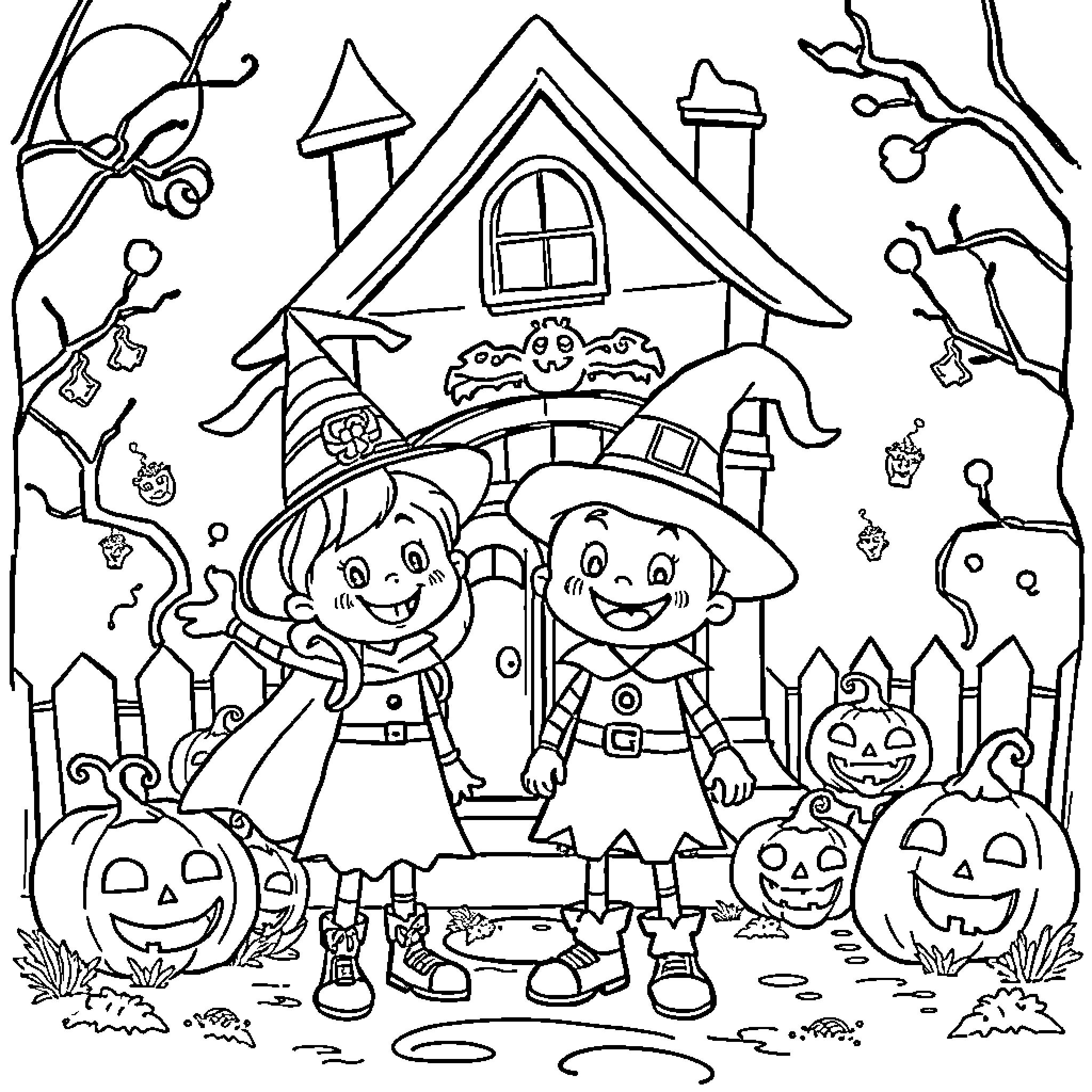 Bluey's Magical Halloween Adventure Coloring Page (free black-and-white line drawing printable PDF for all, from beginners to advanced learners, including children, teens, adults, and seniors)