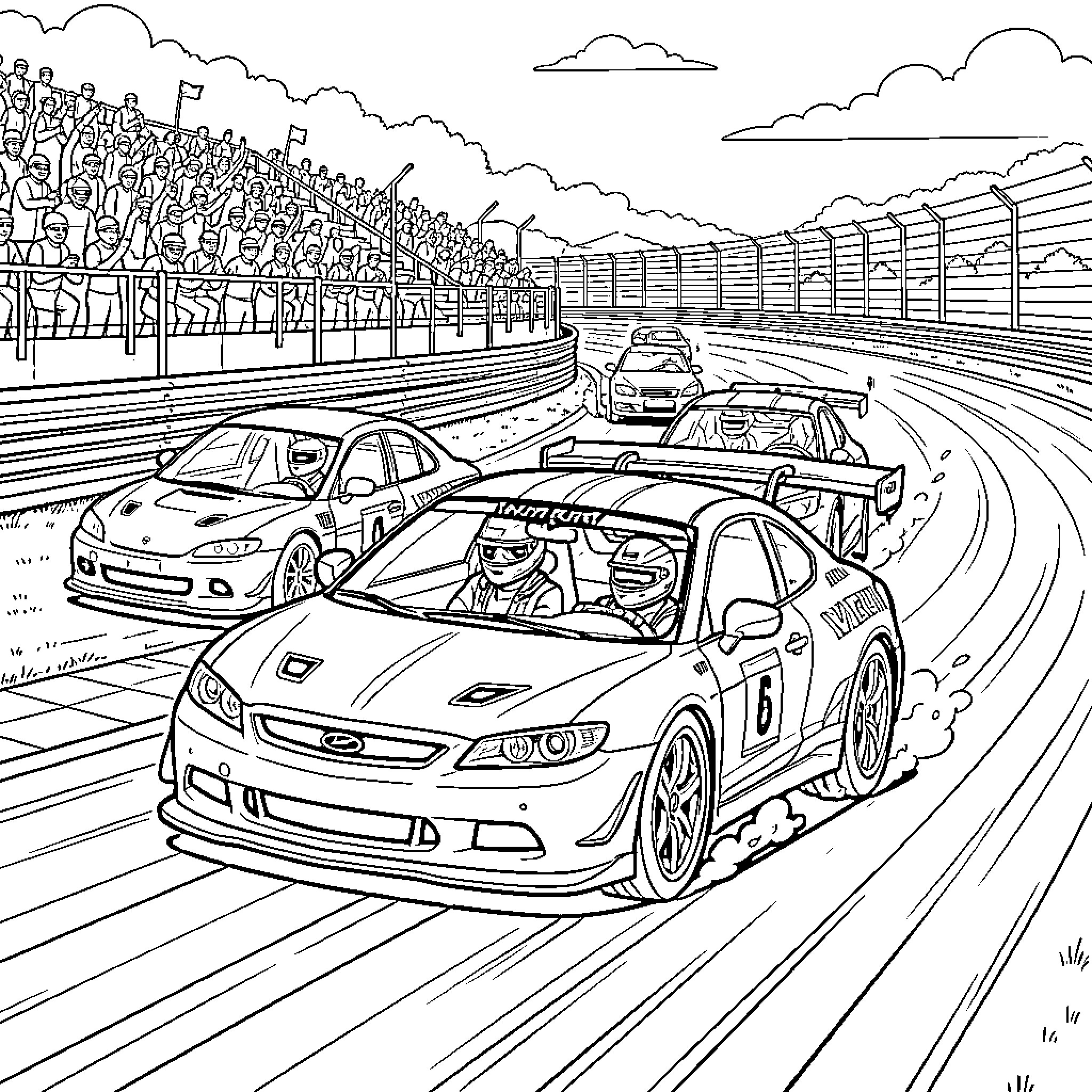 Car racing intensely on a track with spectators Coloring Page (free black-and-white line drawing printable PDF for all, from beginners to advanced learners, including children, teens, adults, and seniors)