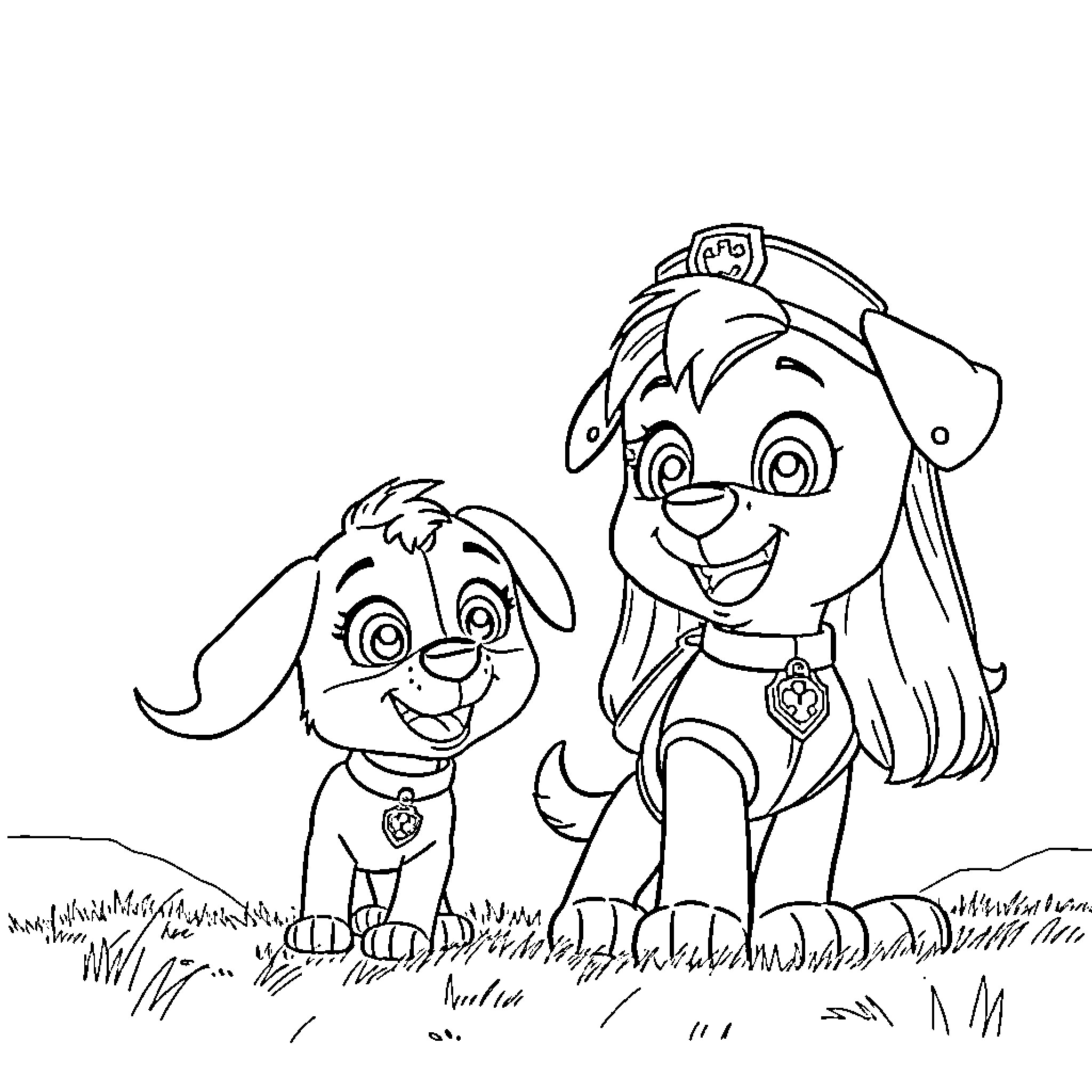 Skye and Pup Pals Explore the Outdoors Coloring Page (free black-and-white line drawing printable PDF for all, from beginners to advanced learners, including children, teens, adults, and seniors)