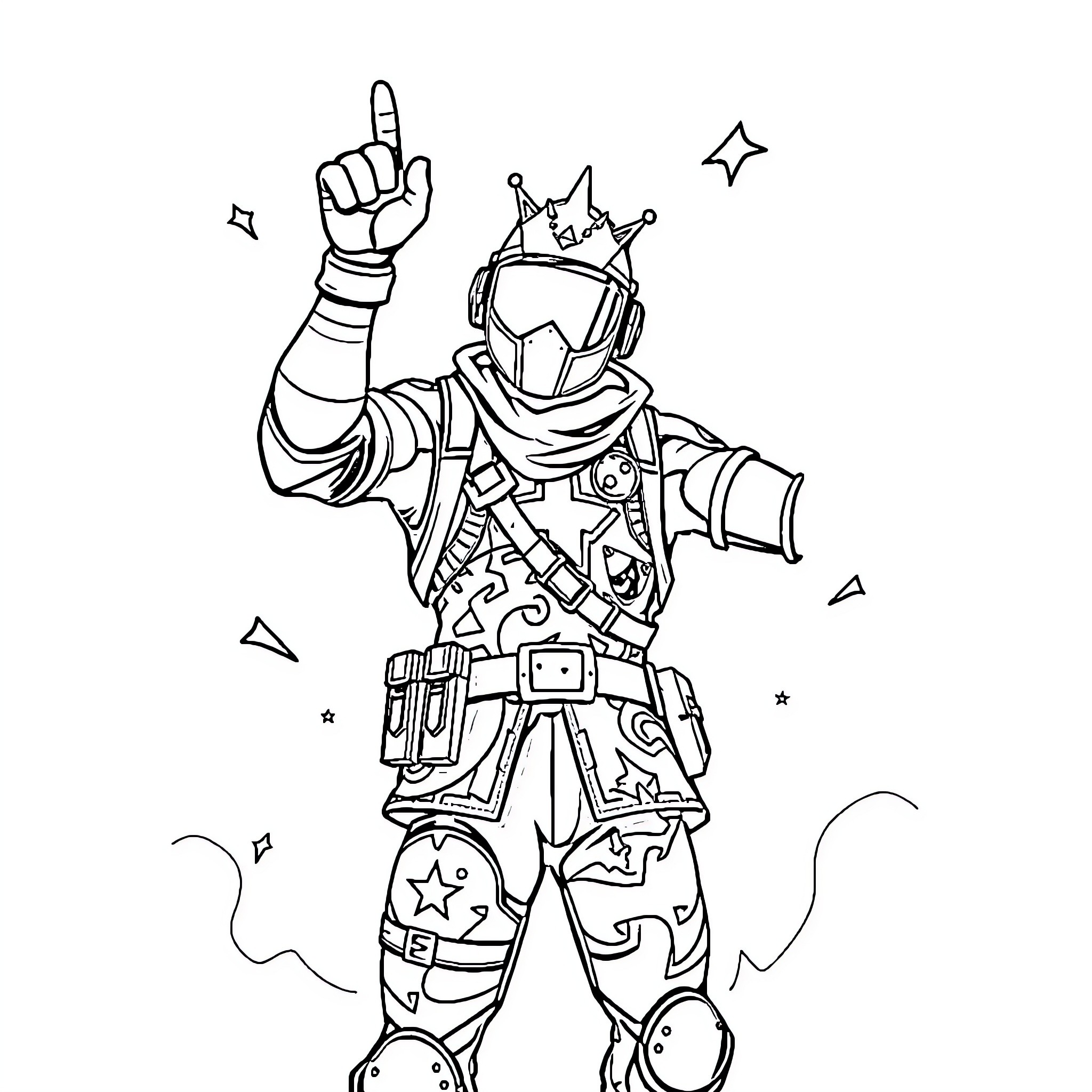 Fortnite Skin of a space explorer character in action pose Coloring Page (free black-and-white line drawing printable PDF for all, from beginners to advanced learners, including children, teens, adults, and seniors)