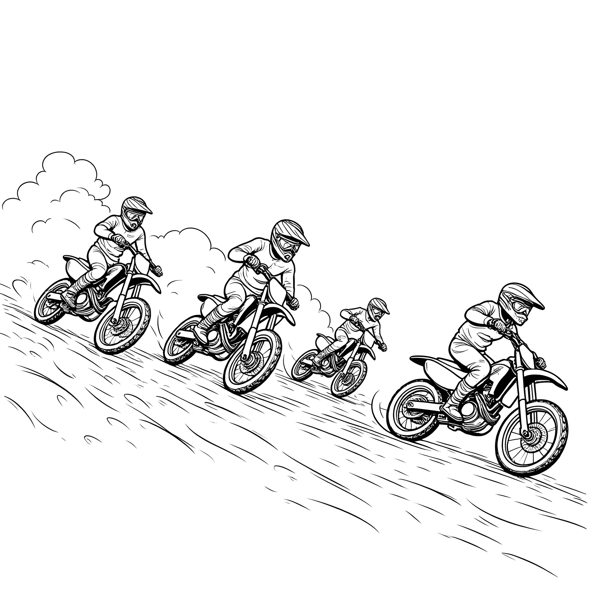 Dirt Bike Riders Navigating Rugged Terrain Coloring Page (free black-and-white line drawing printable PDF for all, from beginners to advanced learners, including children, teens, adults, and seniors)
