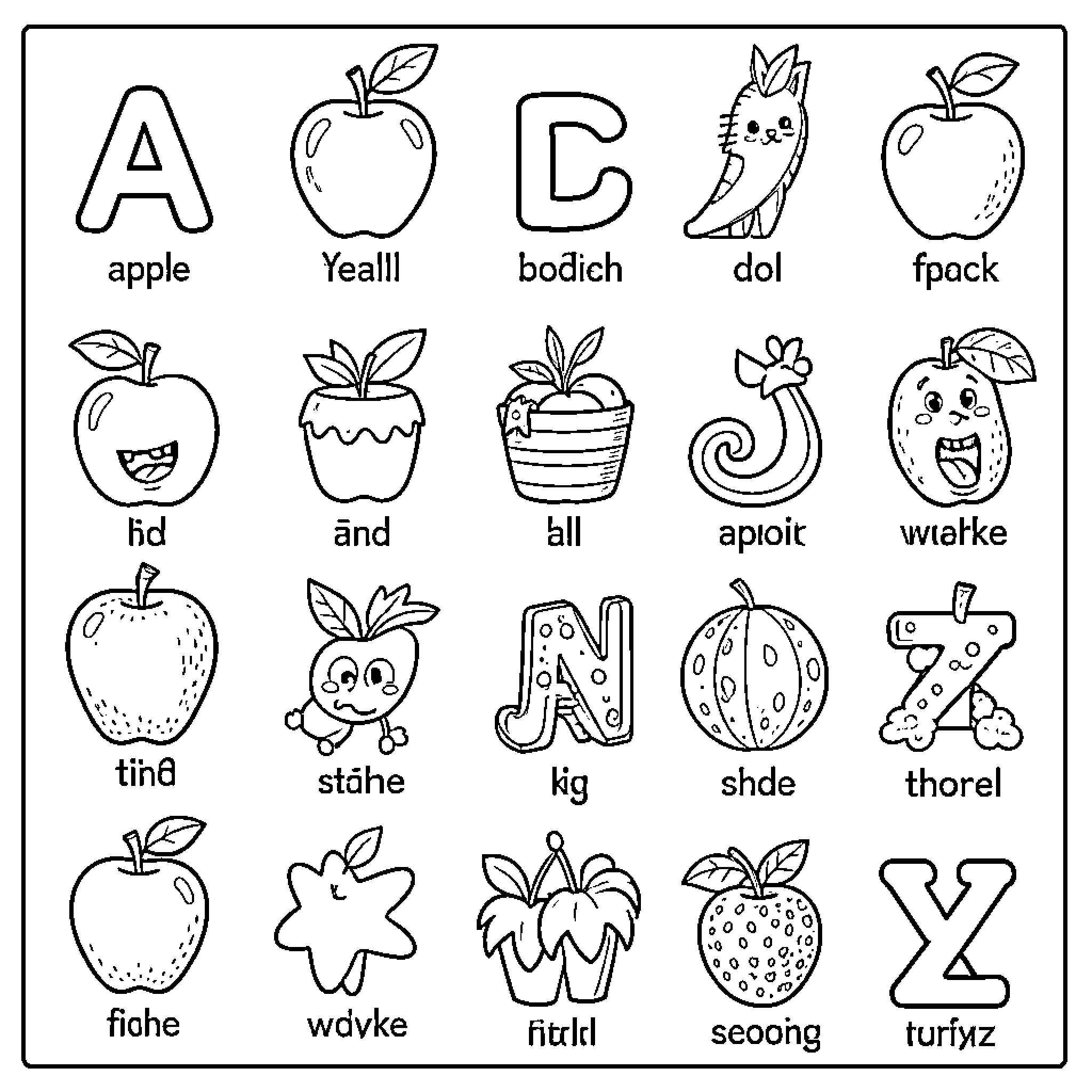 Alphabet of Fruits and Vegetables with Playful Illustrations Coloring Page (free black-and-white line drawing printable PDF for all, from beginners to advanced learners, including children, teens, adults, and seniors)