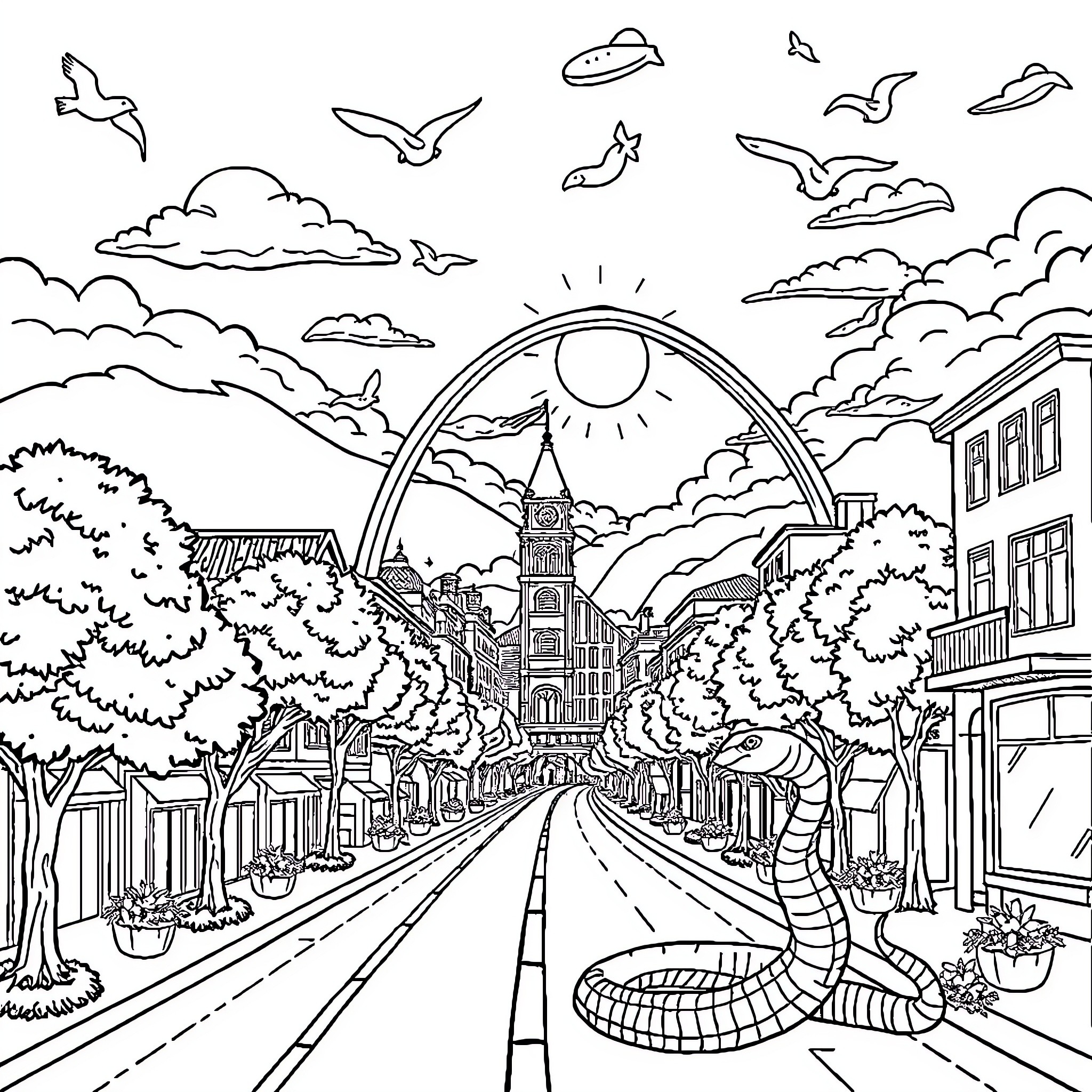 Ville Street Scene with Clouds and Soaring Birds Coloring Page (free black-and-white line drawing printable PDF for all, from beginners to advanced learners, including children, teens, adults, and seniors)